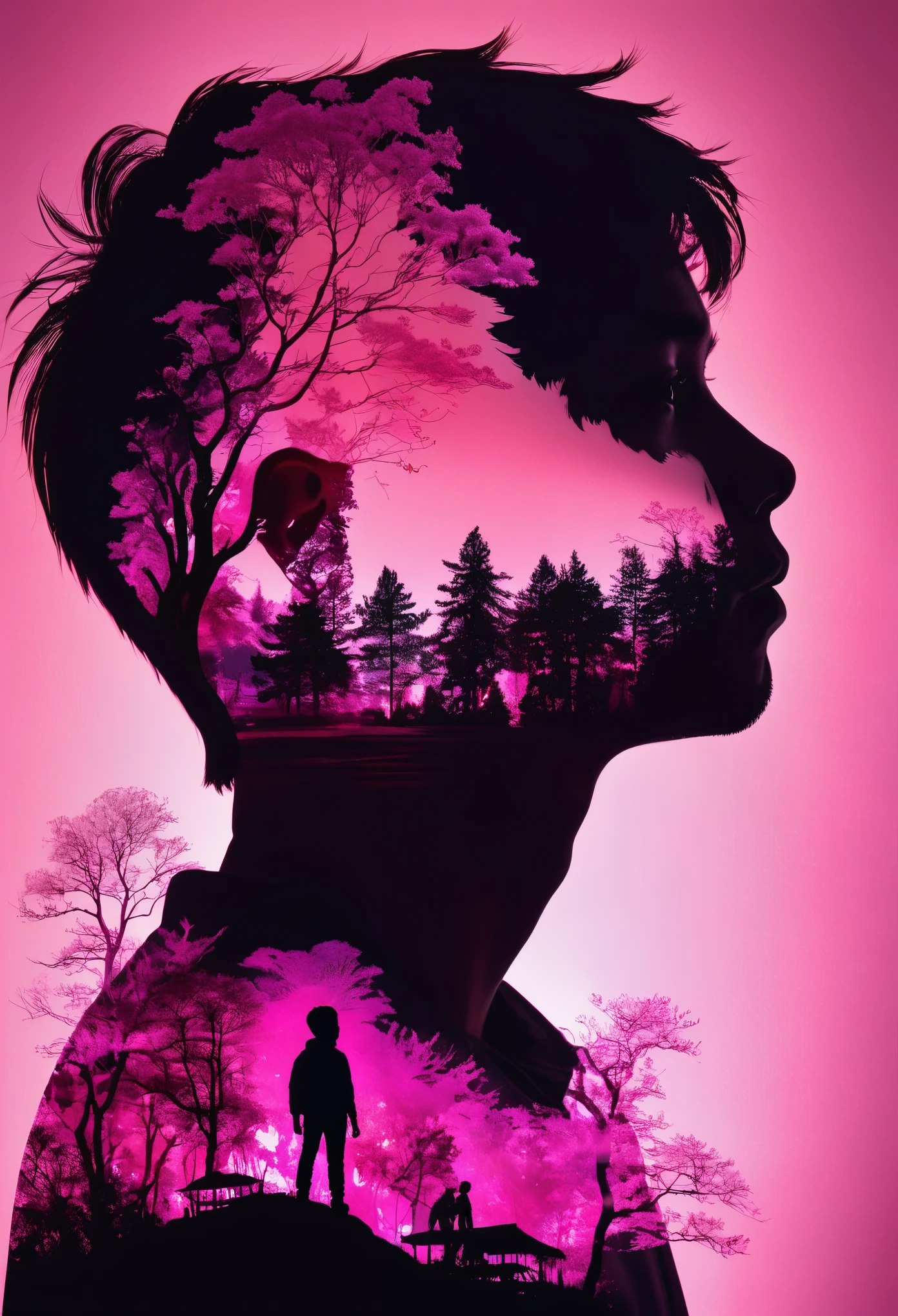 Silhouette Art of 1boy, multiple exposure, pink, enhance, intricate, (best quality, masterpiece, Representative work, official art, Professional, unity 8k wallpaper:1.3)