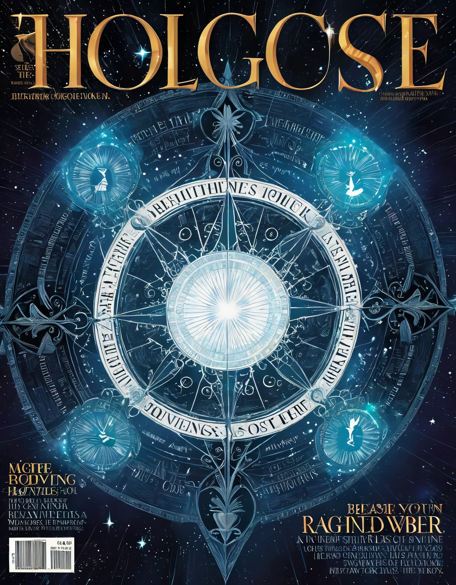 Magical magazine cover design, unique and eye-catching black and white fonts and magical runes in the form of inlaid in the borders of the cover, (in the middle of a holographic three-dimensional display on the man is broadcasting the news), the action is vivid and realistic, the magazine's title, "Magical Sightings," inspired by the movie Harry Potter in the magical newspaper, emitting a faint magical light,