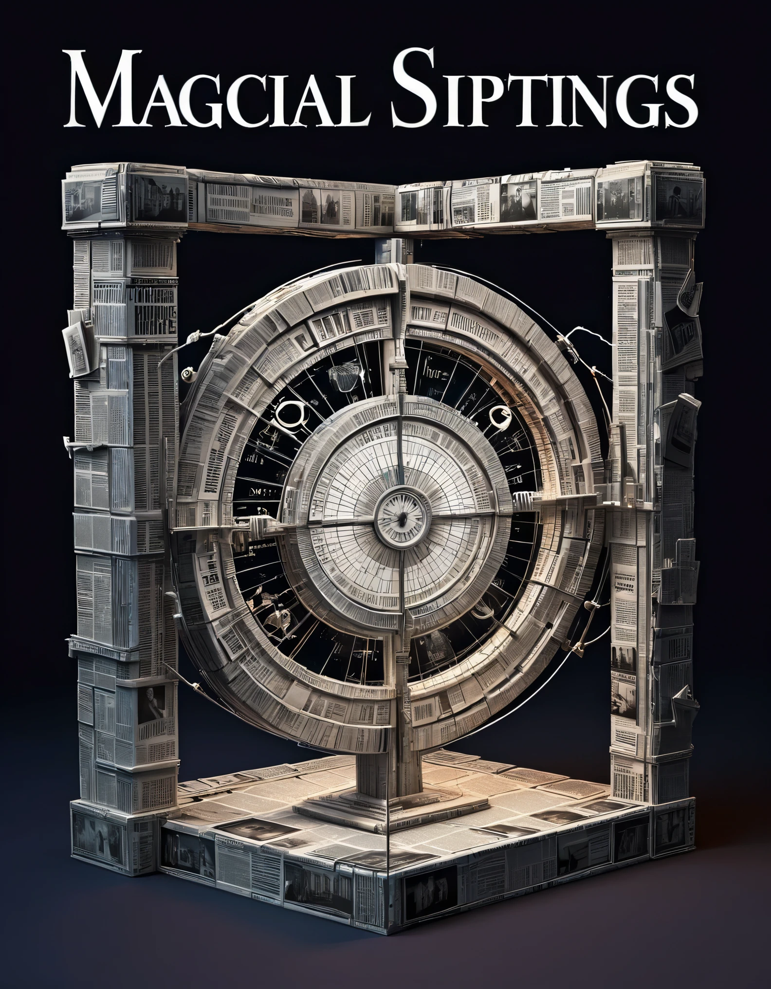 Magical magazine cover design, (with a man broadcasting the news on a three-dimensional display in the center), with vivid and realistic action, and the title of the magazine, "Magical Sightings", in a unique and striking black and white font and magical runes set in the form of the cover's borders.
Inspired by the magical newspaper from the movie Harry Potter.