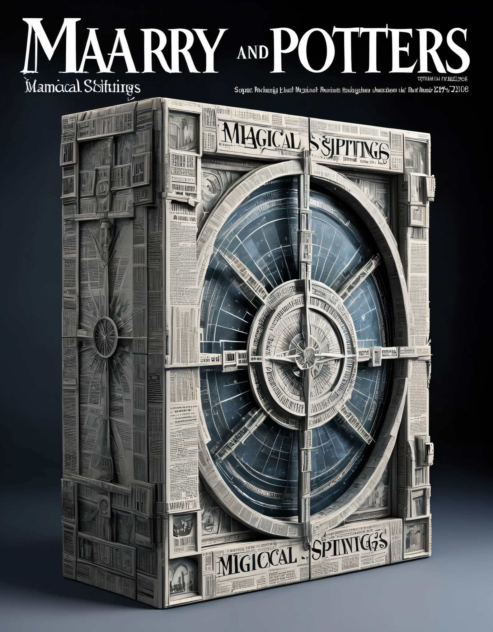 Magical magazine cover design, (with a man broadcasting the news on a three-dimensional display in the center), with vivid and realistic action, and the title of the magazine, "Magical Sightings", in a unique and striking black and white font and magical runes set in the form of the cover's borders.
Inspired by the magical newspaper from the movie Harry Potter.


