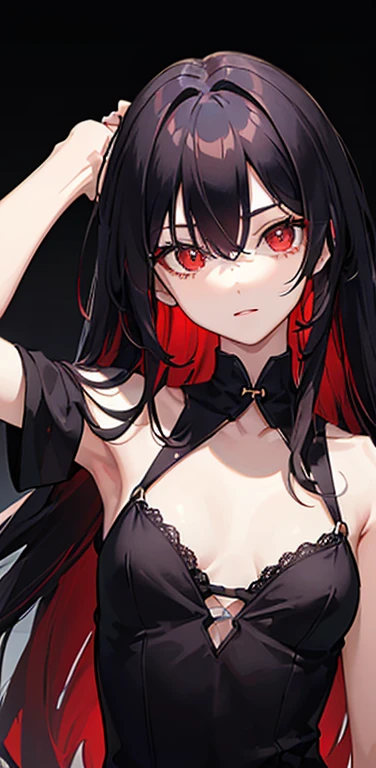 (8K、highest quality、masterpiece:1.2)、anime coloring、super resolution、Realistic、(1girl) 、(black hair to red hair gradient hair,long straight hair:1.5)、(contrapposto),(red eye,glowing eyes:1.3),(hair over one eye:1.5),(portlate:1.3、face focus,upper body:1.5),(lace Dress with open chest: 1.2)
、(light smile:1.3),(cute face)、,(flat chest:1.2),gradient background、(slender:1.3)
