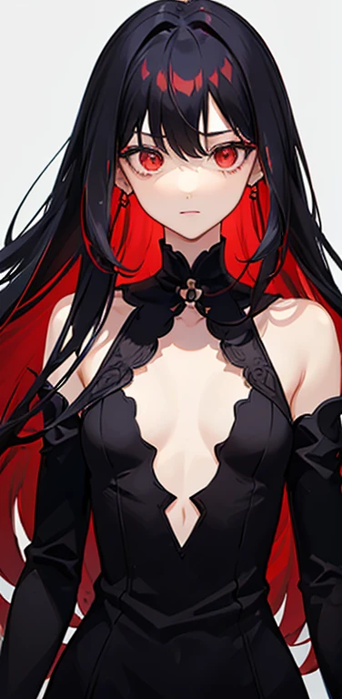 (8K、highest quality、masterpiece:1.2)、anime coloring、super resolution、Realistic、(1girl)  、(black hair to red hair gradient hair,long straight hair:1.5)、(contrapposto),(red eye,glowing eyes:1.3),(hair over one eye:1.5),(portlate:1.3、face focus,upper body:1.5),(lace Dress with open chest: 1.2)
、(light smile:1.3),(cute face)、,(flat chest:1.2),gradient background、(slender:1.3)