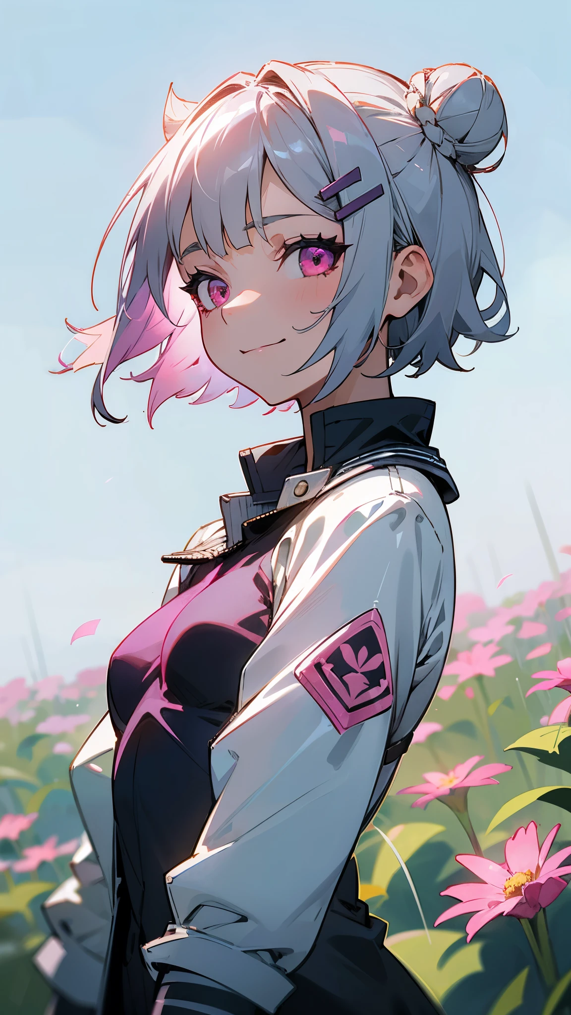 1 girl、riders jacket、small breasts、Silver short bob hair clip tied into a bun、shining pink eyes、strong pleasure on the face、From the side、gloves、evil smile、A meadow full of flowers、blown by the wind、blue sky、upper body close-up、sharp outline