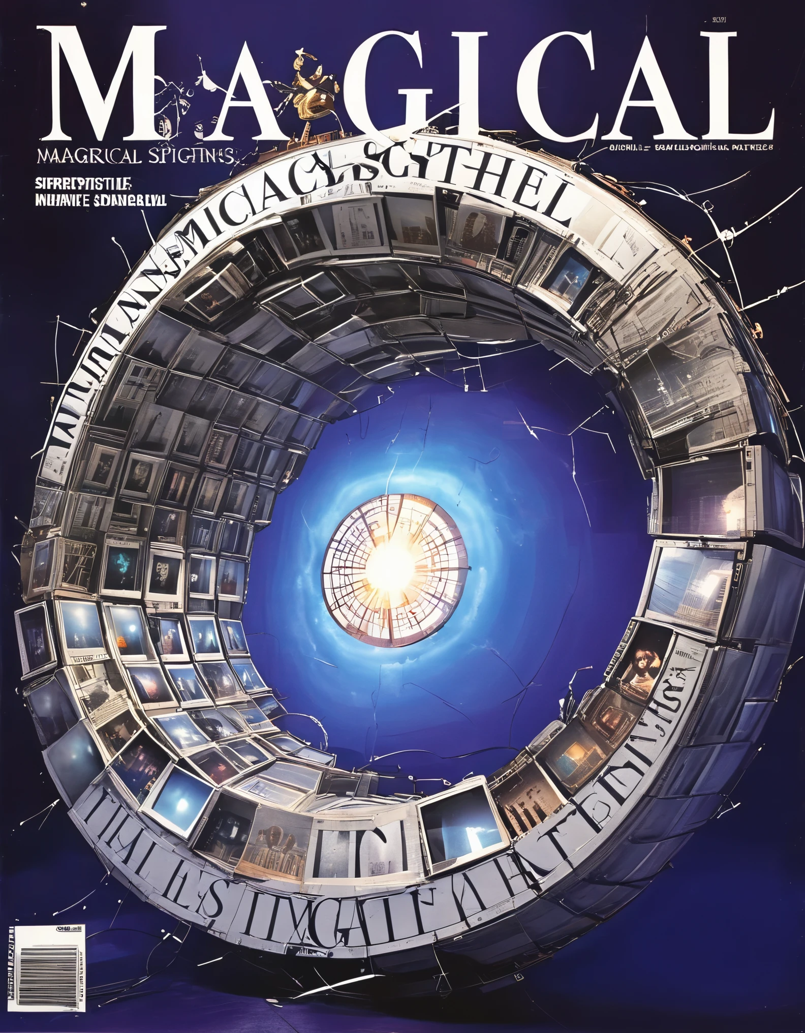 Magical magazine cover design, (with a man broadcasting the news on a three-dimensional display in the center), with vivid and realistic action, and the title of the magazine, "Magical Sightings", in a unique and striking black and white font and magical runes set in the form of the cover's borders.