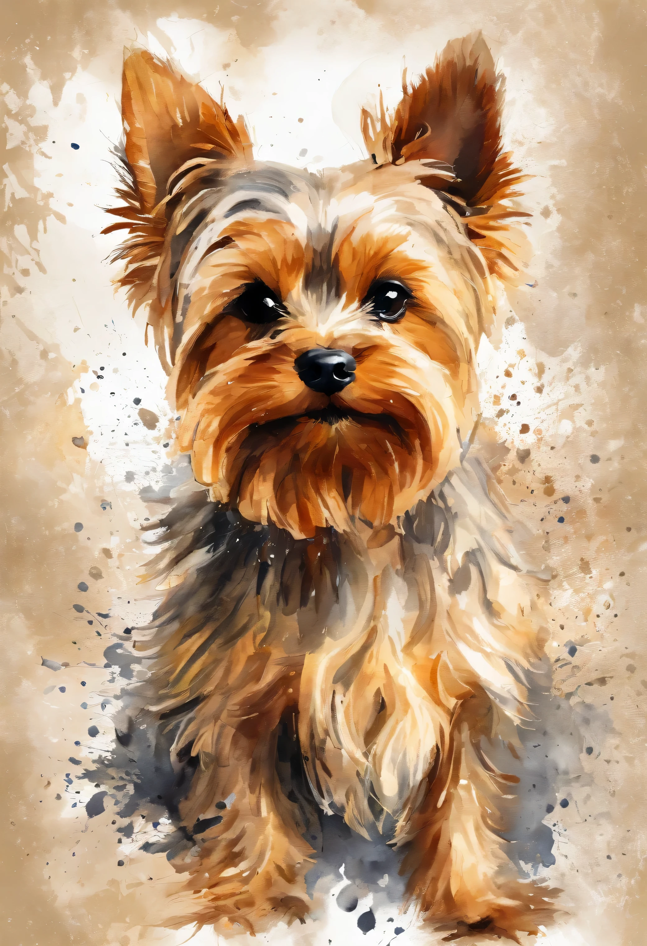 cute Yorkshire Terrier head painting with a splatter background and spray paint effect, beige colors, by Eugeniusz Zak, watercolor art, by Károly Lotz, watercolor painting, watercolor painting style, watercolor detailed art, by Reuben Tam, watercolor digital painting, watercolor paint, masterfully detailed watercolor, watercolor art, Grzegorz Rutkowski
