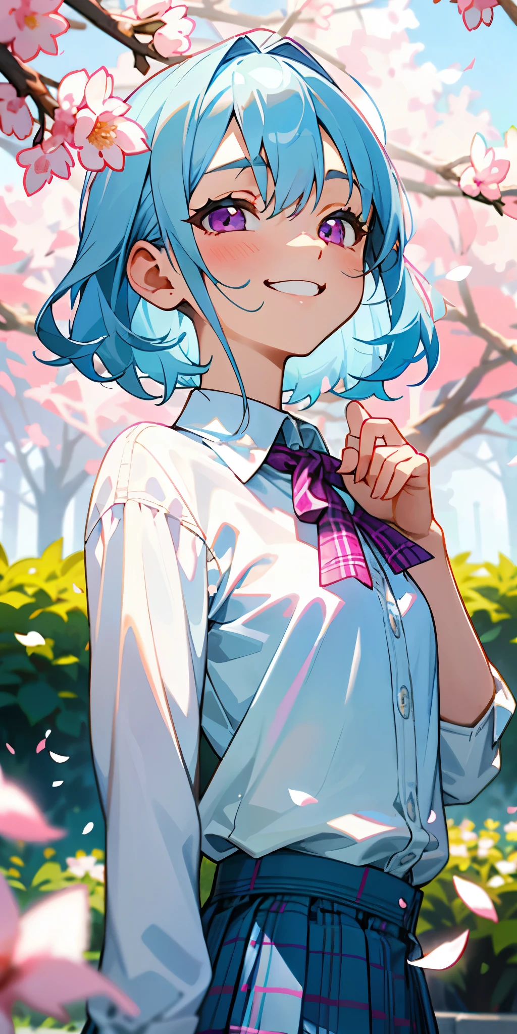 16 year old girl、light blue hair、pink eyes、small breasts、strong pleasure on the face、large amount of acorns、white blouse shirt、plaid mini skirt、upper body close-up、The scenery in the background is a garden with dancing petals.、grin、From the side、painterly、sharp outline