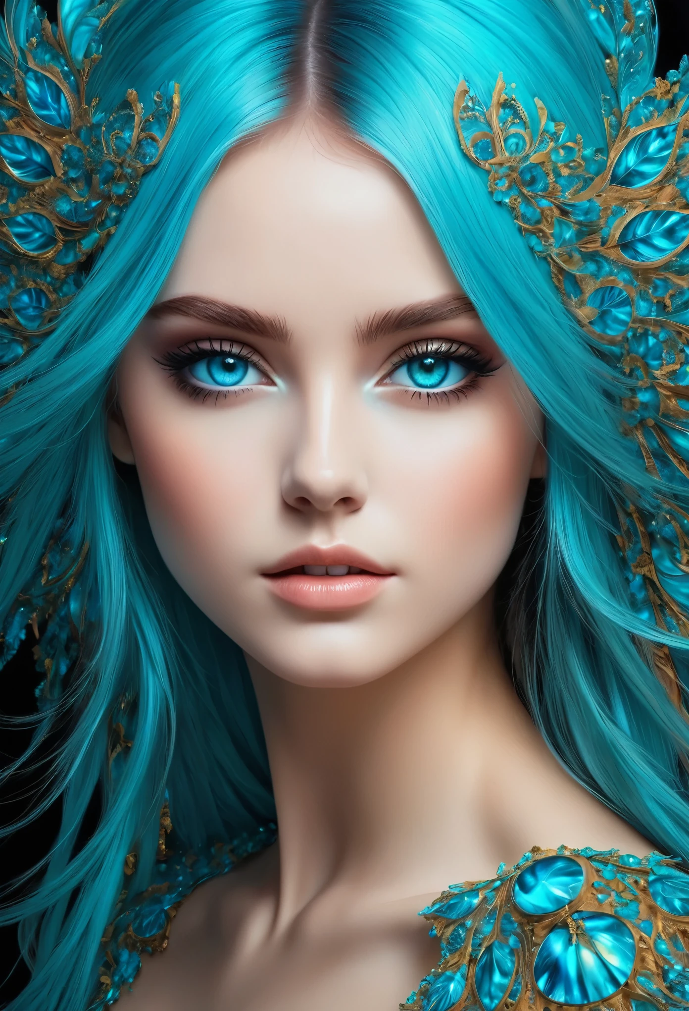 (Masterpiece, Top Quality, Best Quality, Official Art, Beauty and Aesthetics: 1.2), (1girl: 1.3), (Fractal Art: 1.3), Vibrant Aqua Blue Eyes, Medium Hair with Tassels, Nude Midpart