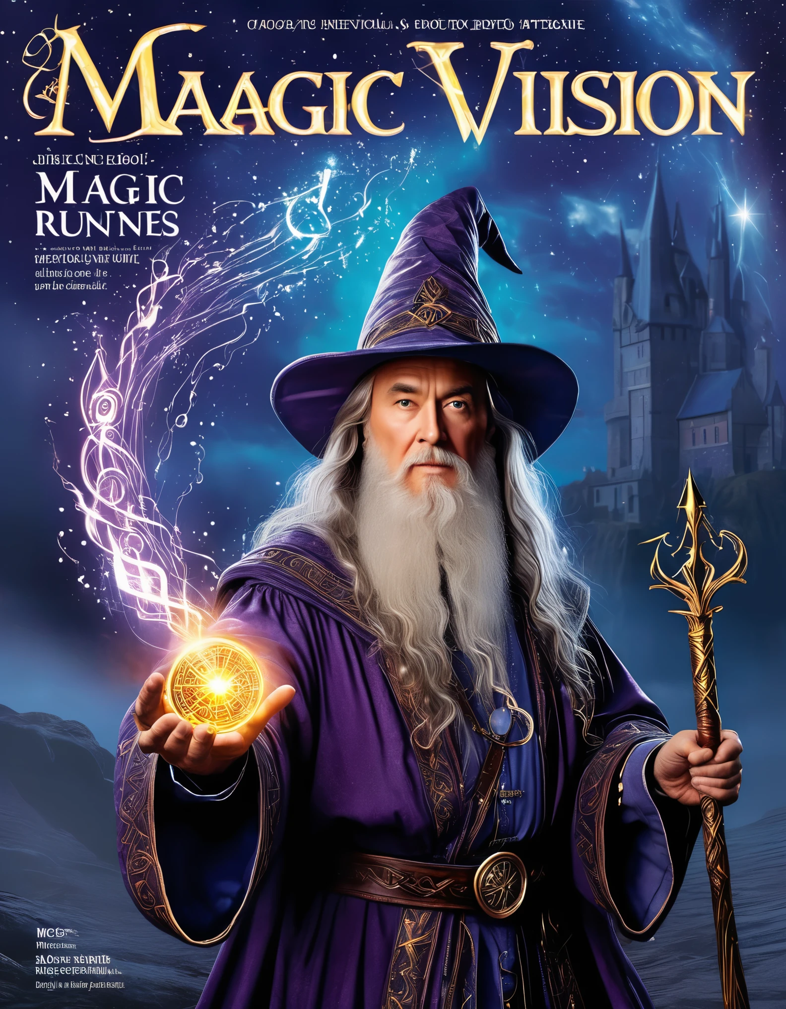 Magical magazine cover featuring a famous wizard who appears on the cover in dynamic form. He waves his wand, releases his magic, and strikes a pose broadcasting the news; these actions are vivid and realistic, as if the reader can feel the surge of magical power. In addition, the cover is embellished with various magical elements and symbols. These elements include twinkling magic stars, flowing magic runes, and mysterious magic formations. They not only add to the visual effect of the cover, but also make the whole cover more in line with the atmosphere of the magical world. In addition, the title of the magazine, Magic Vision, will be presented in a unique and striking way. It may appear in the center of the cover in flowing fonts, or in the form of magical runes embedded in the borders of the cover.