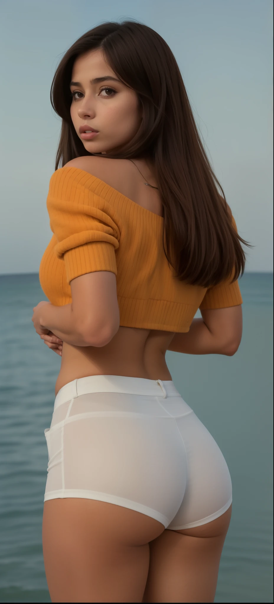 um close de uma mulher sardenta, rosto com sardas, muitas sardas no rosto, sardas!!! com um short branco curto e uma camisa laranja, Pose de costas, she has her back to us, vista traseira, showing the shoulder from behind, arms behind the back, costas viradas, traseiro tonificado, parte inferior das costas, vista traseira, shot from behind, looking from behind, Retrato de Sophie Mudd, photo from behind, from behind