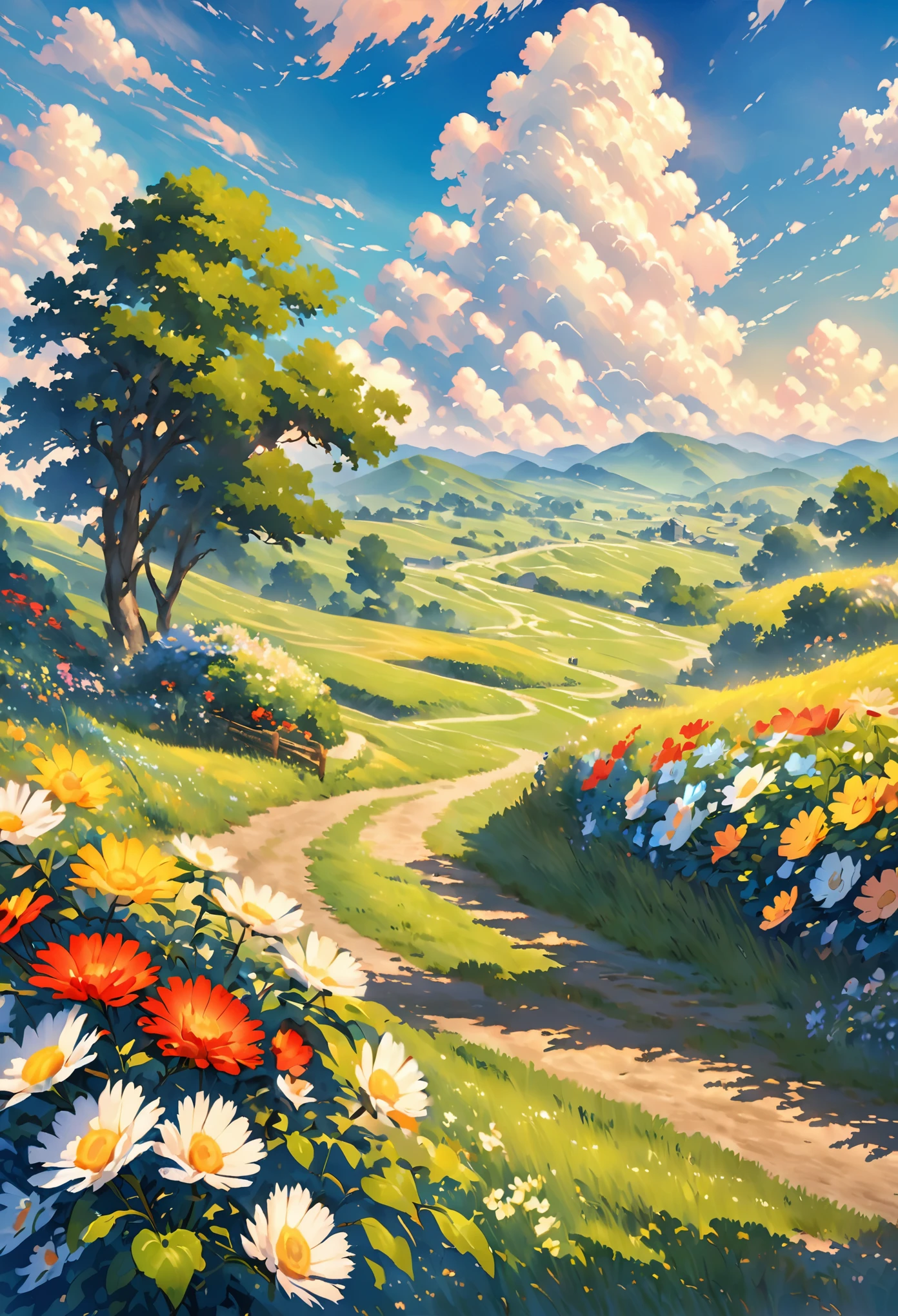 actual, for real, Beautiful and stunning landscape oil paintings Studio Ghibli Hayao Miyazaki&#39;Petal grassland with blue sky and white clouds