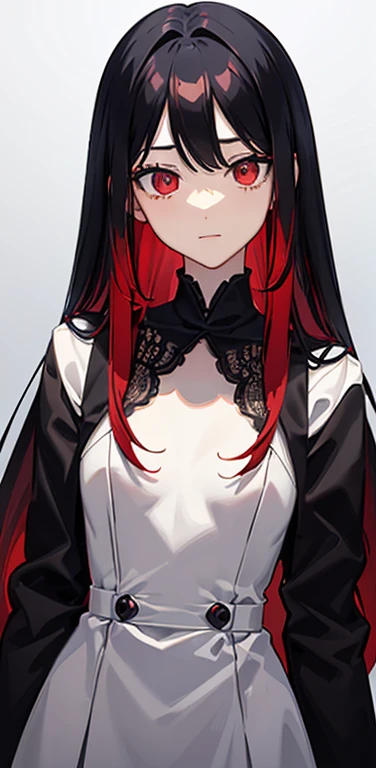 (8K、highest quality、masterpiece:1.2)、anime coloring、super resolution、Realistic、(1girl)  、(black hair to red hair gradient hair,long straight hair:1.5)、(contrapposto),(red eye,glowing eyes:1.3),(forehead:1.5),(portlate:1.3、face focus,upper body:1.5),(lace Dress with open chest: 1.2)
、(light smile:1.3),(cute face)、,(flat chest:1.2),gradient background、(slender:1.3)
