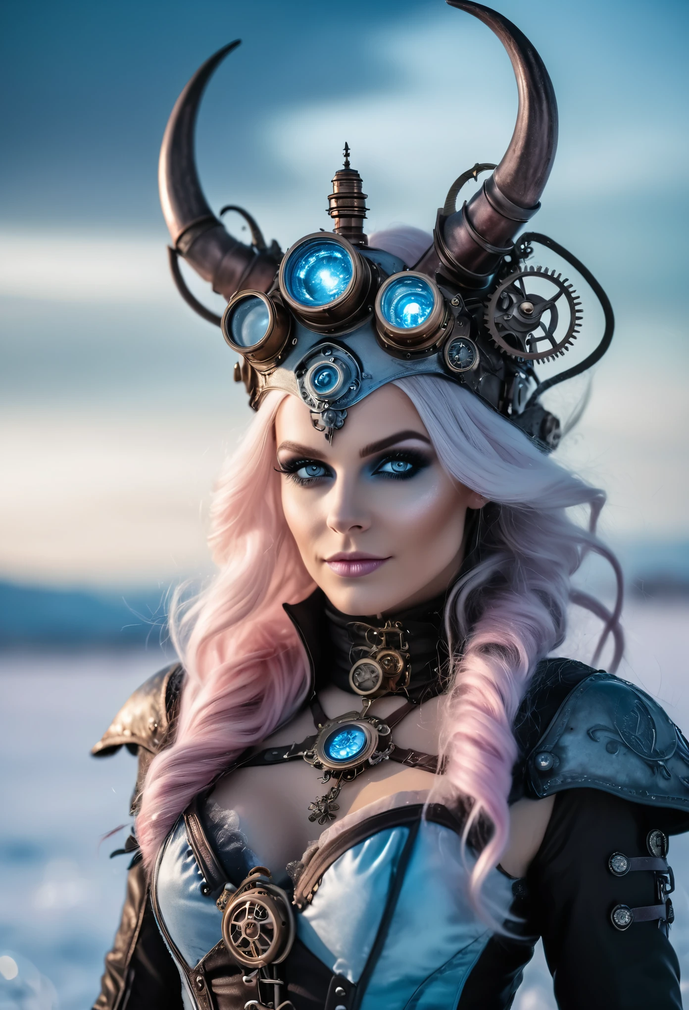 photo shot on Nikon D850, 16k, masterpiece, Detailed, breathtaking, atmospheric perspective, diffusion, natural skin texture, DSLR, 80mm Sigma f2, depth of field, film grain, intricate natural lighting,  full length photo of beautiful steampunk demon with icy blue and white lighting standing in icy field, light grey and pink, energy-filled illustrations, extremely sexy, detailed face and eyes, no makeup, little smiling, highly detailed, dark fantasy aura,  faded colours. 