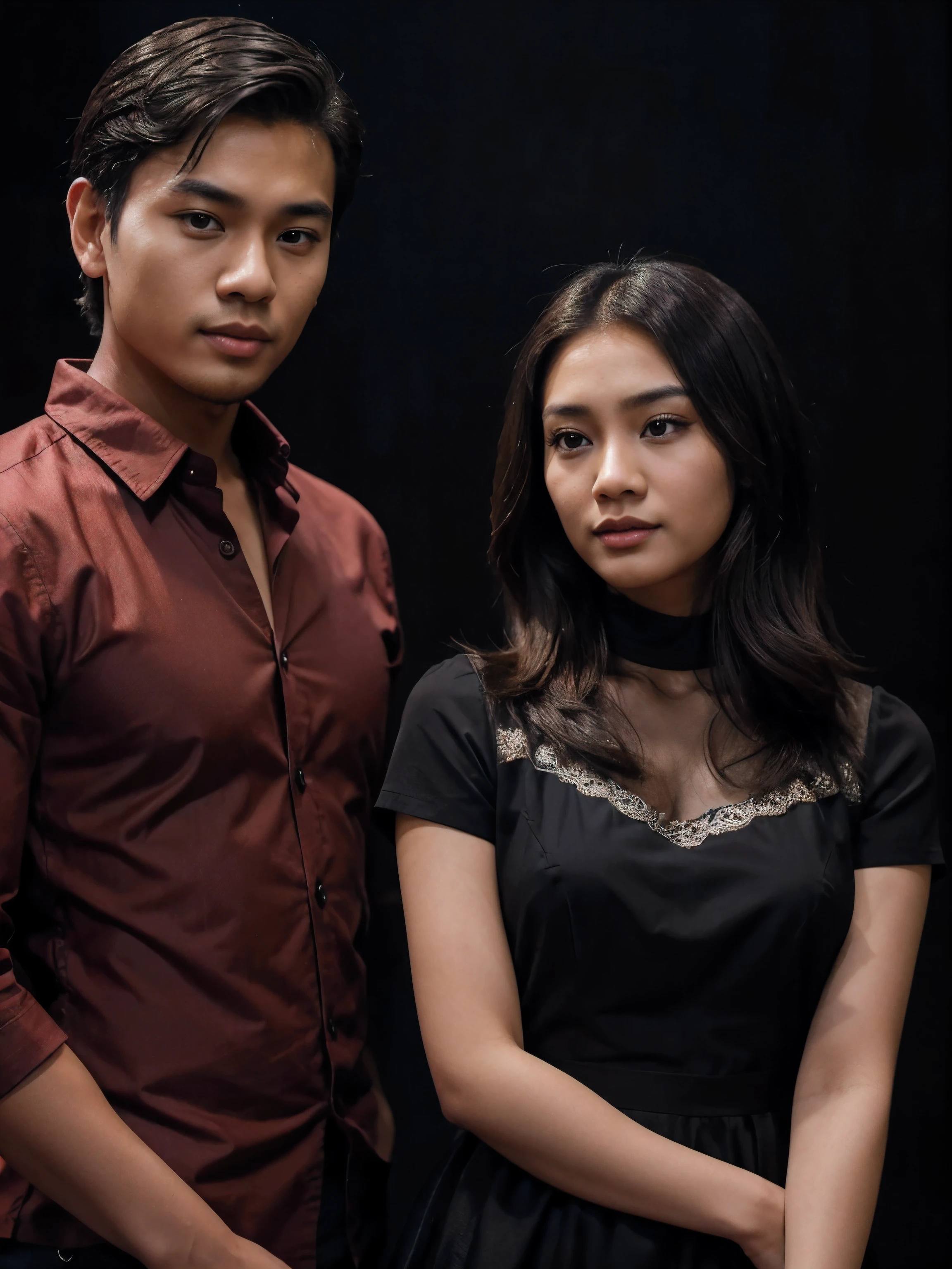a handsome young Indonesian man with neat short hair. with a beautiful young Indonesian woman with long wavy hair. a man dressed in a shirt and a woman dressed in a princess Dress, Black Background