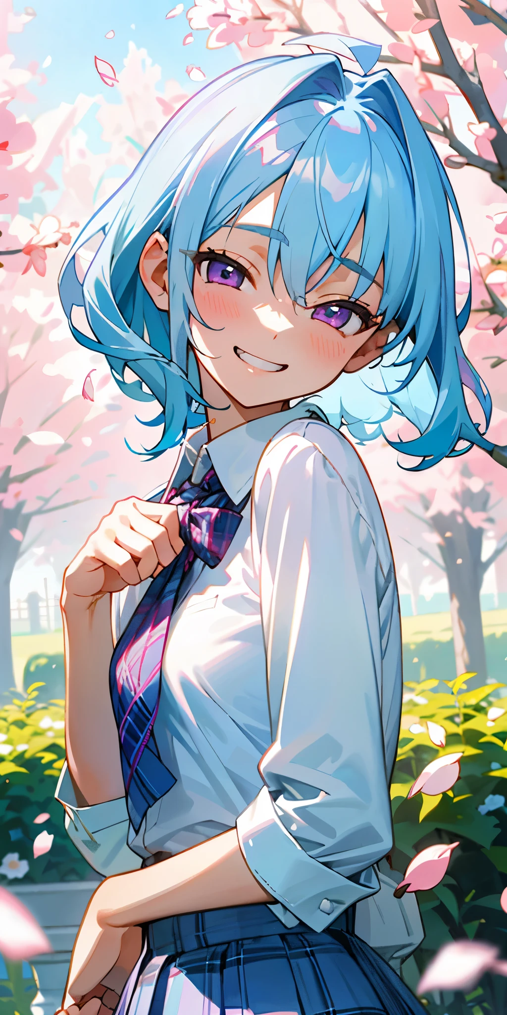 16 year old girl、light blue hair、pink eyes、small breasts、strong pleasure on the face、large amount of acorns、white blouse shirt、plaid mini skirt、upper body close-up、The scenery in the background is a garden with dancing petals.、grin、From the side、painterly、sharp outline