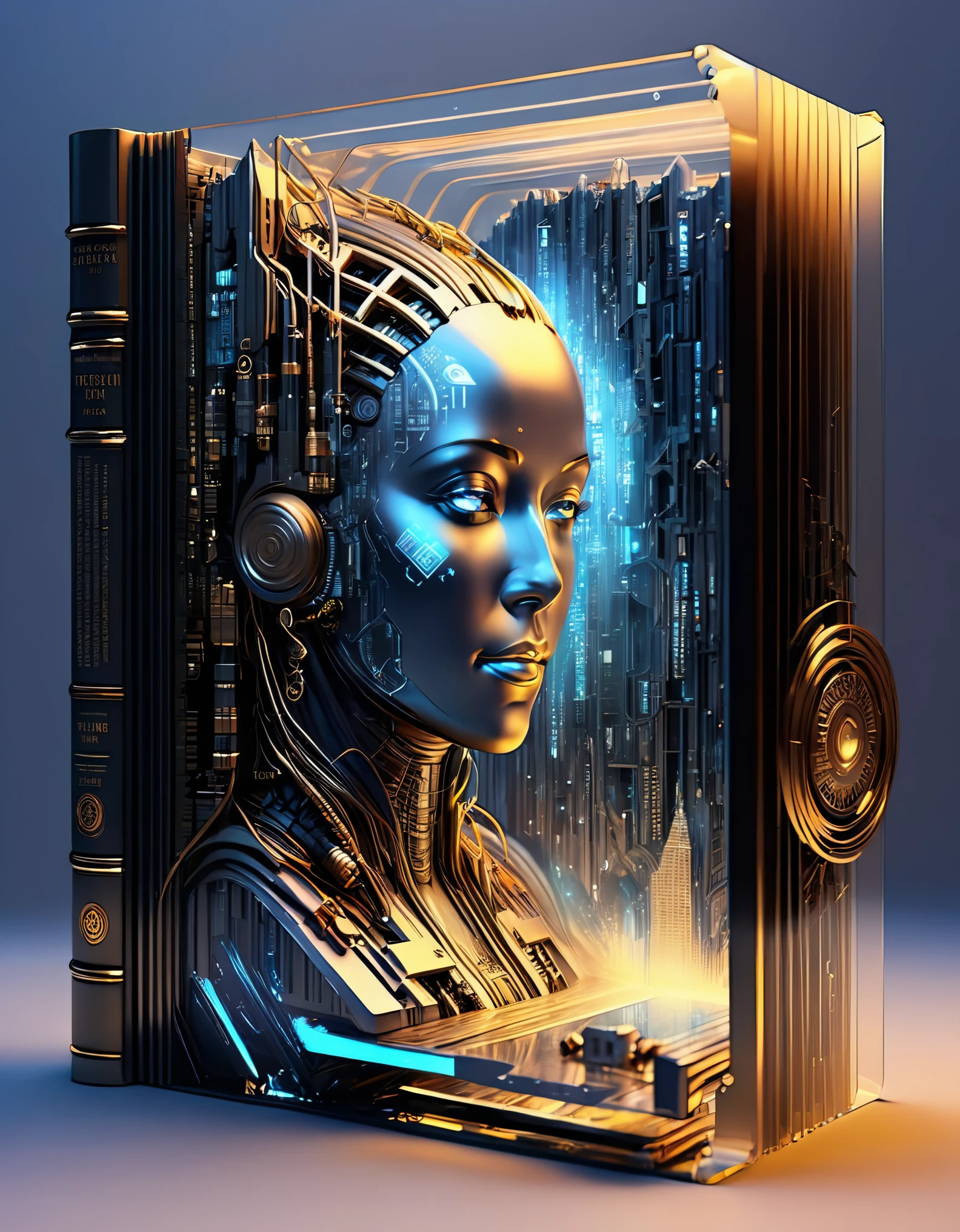 Transparent three-dimensional future magazine design,Photography, macro photography, glass newspaper cover magazines stand with a 3D three-dimensional man,(The projection projects a waterfall of words),flash,文字 flat black and white newspaper text, depth of field, DSLR, complex details, studio lighting, 8k, HD, futuristic science fiction magazines, screen magazines, cyberpunk art, 3D book art, background: a table in the futuristic science fiction world