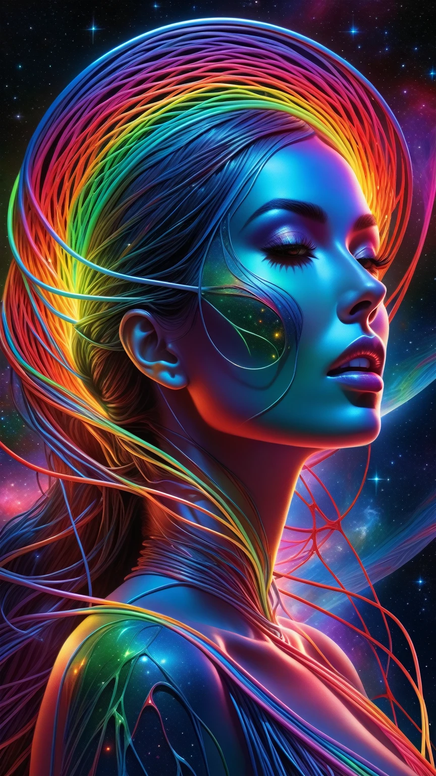 cartoon, masterpiece, best quality, ultra high res, extremely detailed, (psychedelic art:1.4), woman, veil, visually stunning, beautiful, award-winning illustration, cosmic space background, ethereal atmosphere, ultra quality, beautiful girl, cosmical concept, rainbow strings, rainbow skin, rainbow bloody veins growing and intertwining out of the darkness, nailed wire, oozing thick blue blood, sharp neon, veins growing and pumping blood, vascular networks growing, green veins everywhere, yin and yang, glowing space, glowing stars, infinity symbol