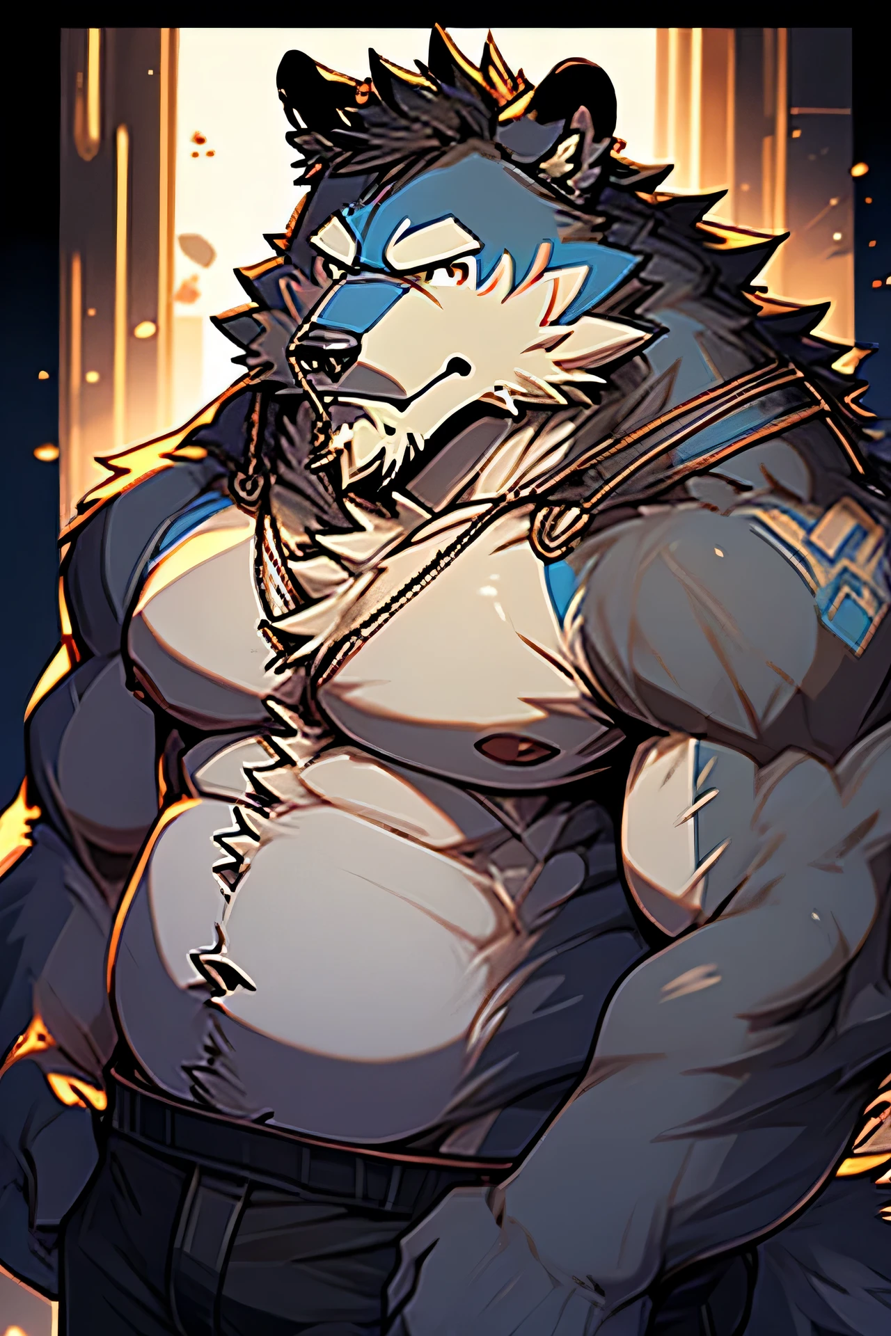 furry wolf-cat-bear hybrid, cerulean indigo fur, mature, old, daddy, chubby cheek, strong jaw, chubby, round belly, shirtless, portrait, black background
