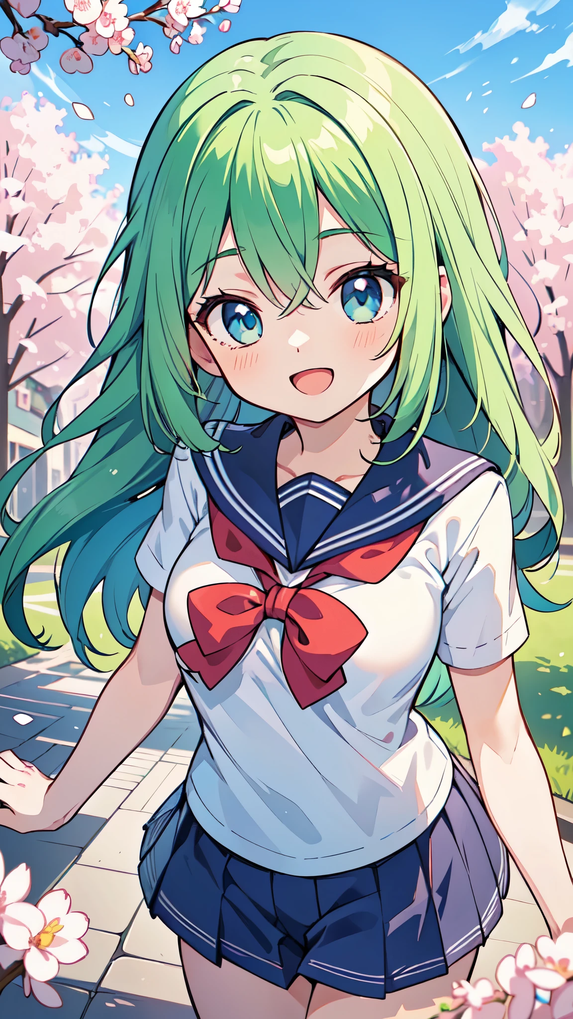 ((A Pretty High School girl with green hair and blue eyes)), ((wearing Sailor suit)), Baby face, ((master piece, top-quality, ultra-definition, high resolution)), anime girl, ((ultra-detailed illust:1.2)), only one person, bangs, hair between eye, beautiful hair, Beautiful eyes, Medium breasts, Big smile, opened mouth, cherry trees, schoolyard