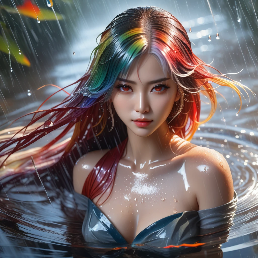 (Highest picture quality), (Master's work), full body, (ultra-detailed), the portrait is centered, 1girl, raiden shogun, nsfw, (wet clothes), blush, bare hips, (sheer shirt), (from above:1.7), (translucent dress), water drop, (rain), (outdoors), stained, wet hair, wet dress, wet, scenery, (long hair), nature background, close up, ((on back)), water, lying in water, masterpiece, best quality, ultra high res, highly detailed, (abstract expressionism art:1.4), [girl | fire ghost:10], love, sparking fire red eyes, dark rainbow theme, colorful, visually stunning, beautiful, gorgeous, emotional, intricate, perferct shading, rainbow hair