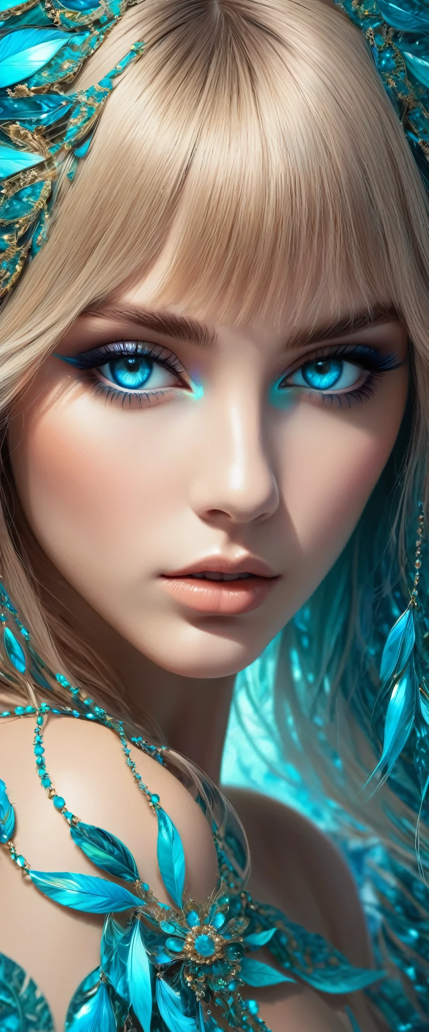 (Masterpiece, Top Quality, Best Quality, Official Art, Beauty and Aesthetics: 1.2), (1girl: 1.3), (Fractal Art: 1.3), Vibrant Aqua Blue Eyes, Medium Hair with Tassels, Nude Midpart