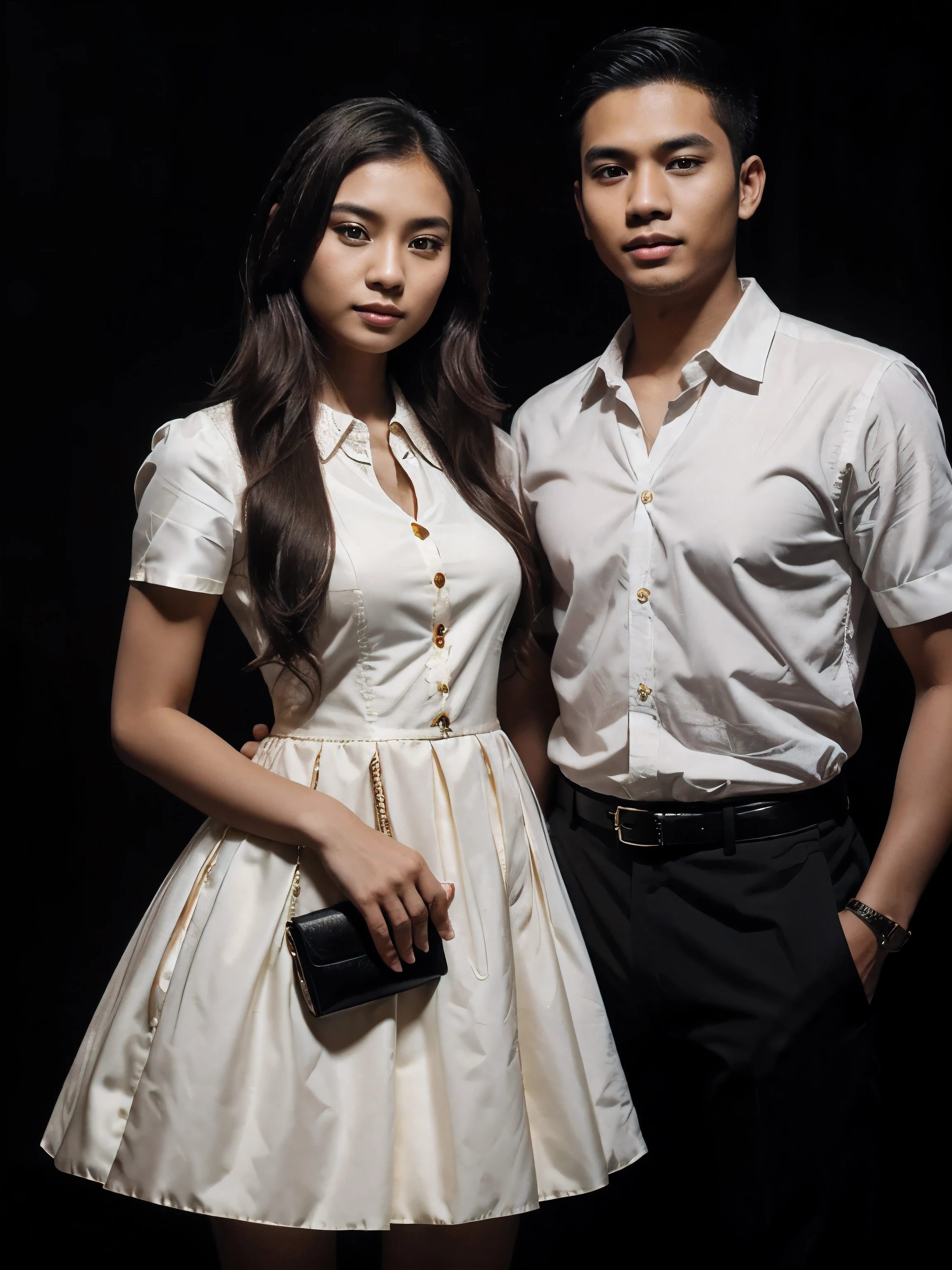 a handsome young Indonesian man with neat short hair. with a beautiful young Indonesian woman with long wavy hair. a man dressed in a shirt and a woman dressed in a princess Dress, Black Background