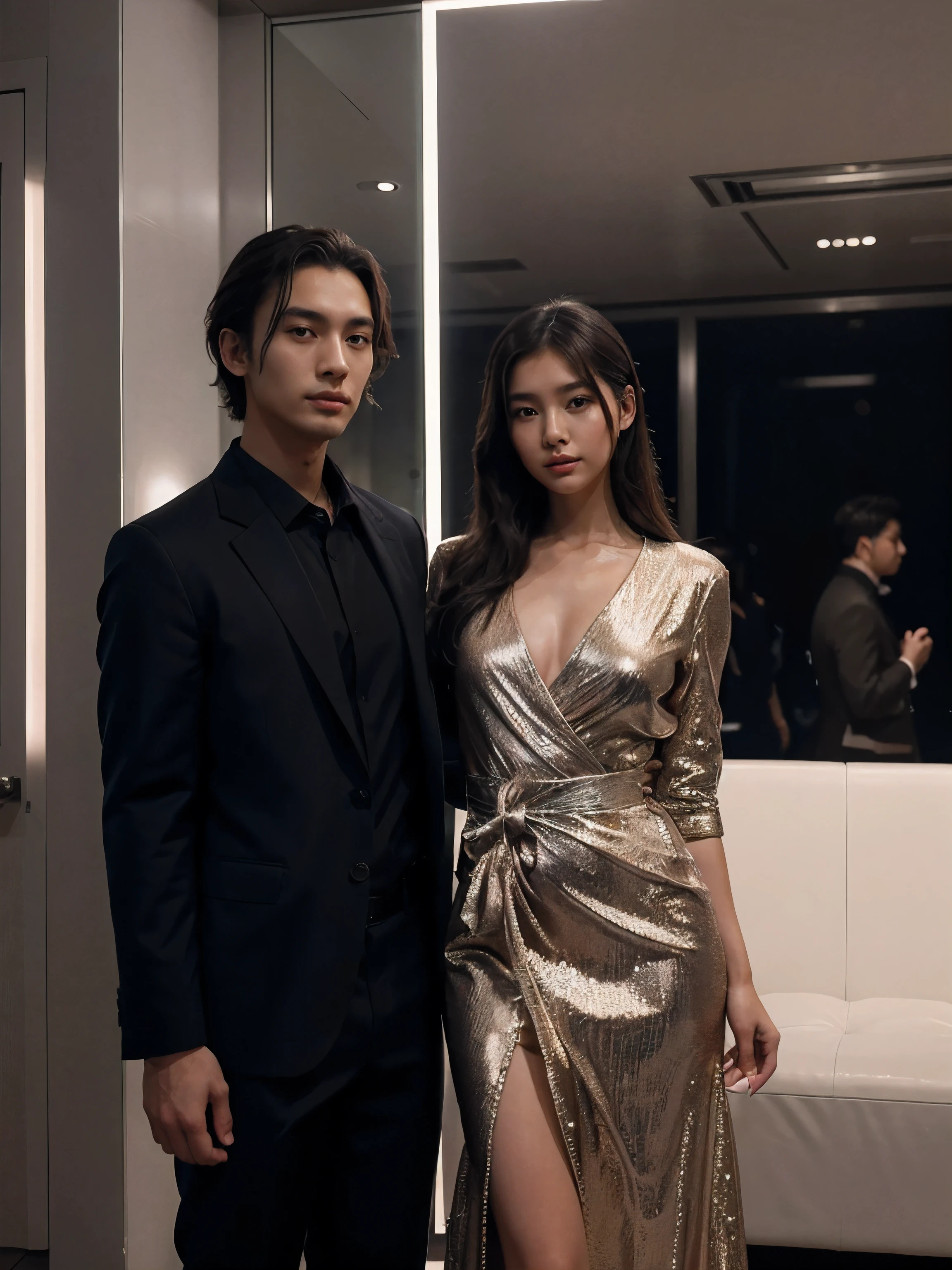 a man and a woman standing next to each other at a Party, an image, inspired by Adam Dario Keel, a jacket that is trending in the cg community, a beautiful young Korean woman wearing a long party dress, a screencap of the film, model elisajes from acquamodels