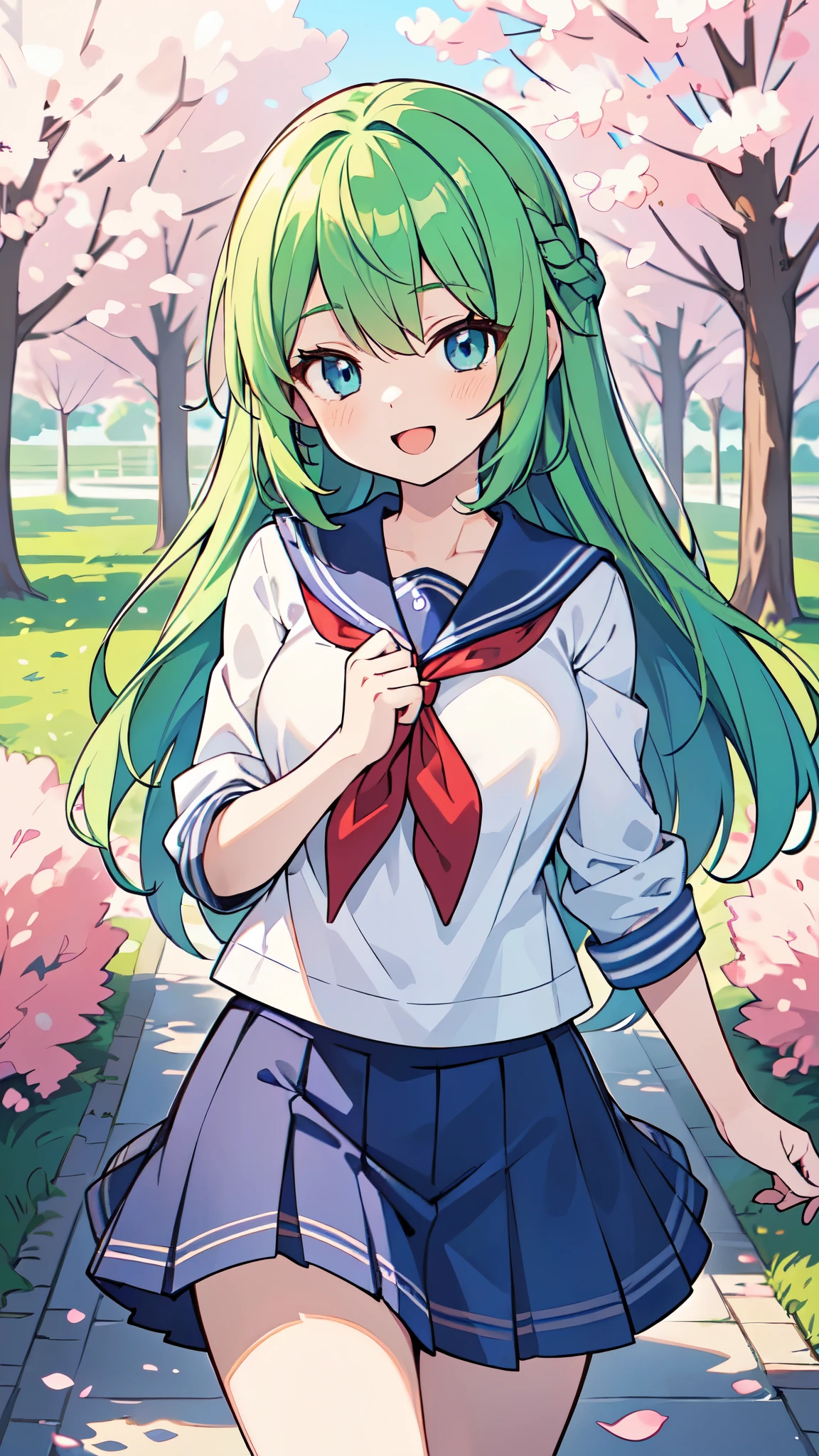 ((A Pretty High School girl with green hair and blue eyes)), ((wearing Sailor suit)), Baby face, ((master piece, top-quality, ultra-definition, high resolution)), anime girl, ((ultra-detailed illust:1.2)), only one person, bangs, hair between eye, beautiful hair, Beautiful eyes, Medium breasts, Big smile, opened mouth, cherry trees, schoolyard