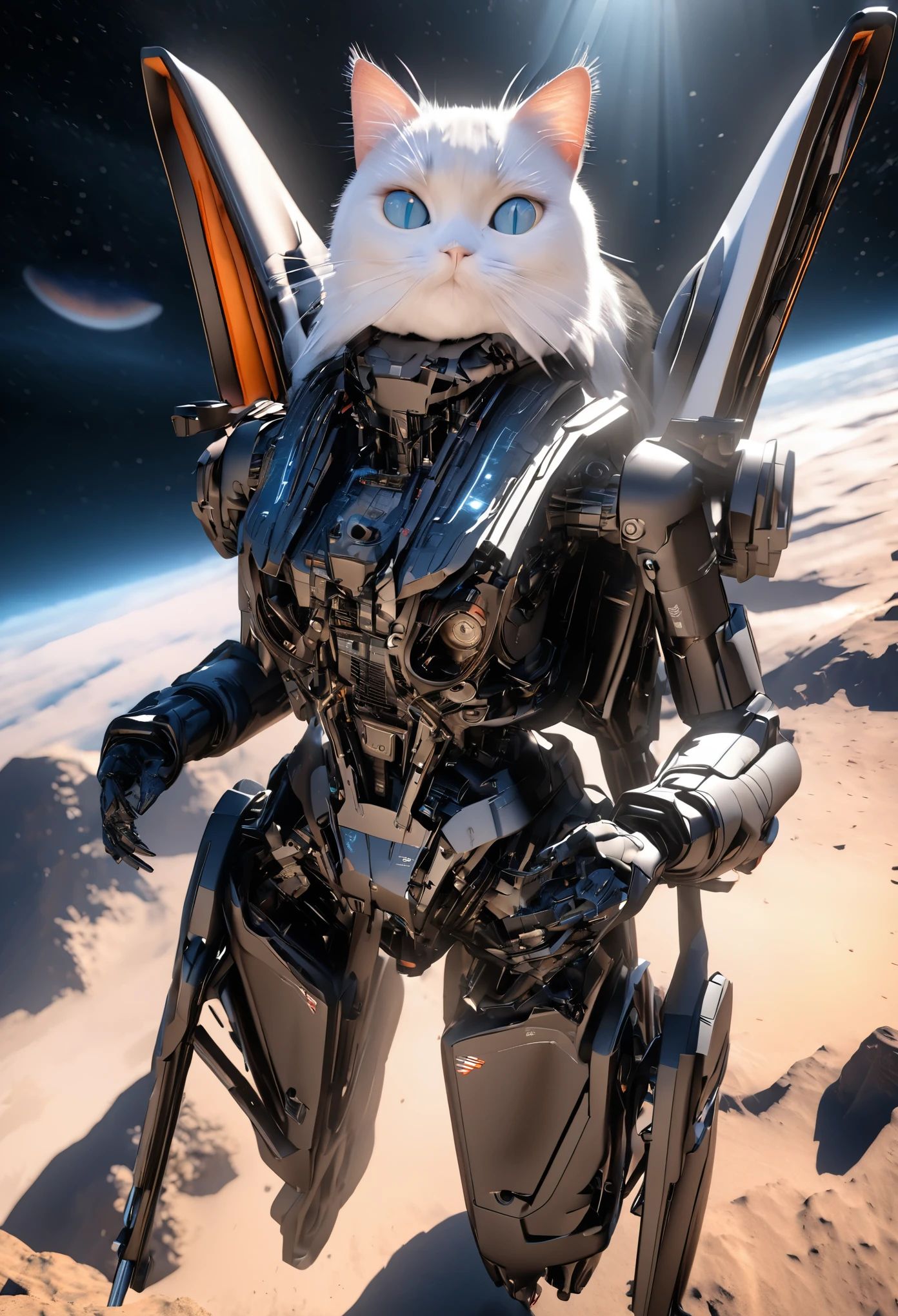3D rendering,excellent image quality,masterpiece,a space cat,facing the audience,the cat is made up of mechanical parts on one side,the real cat on the other,and the background is in space,