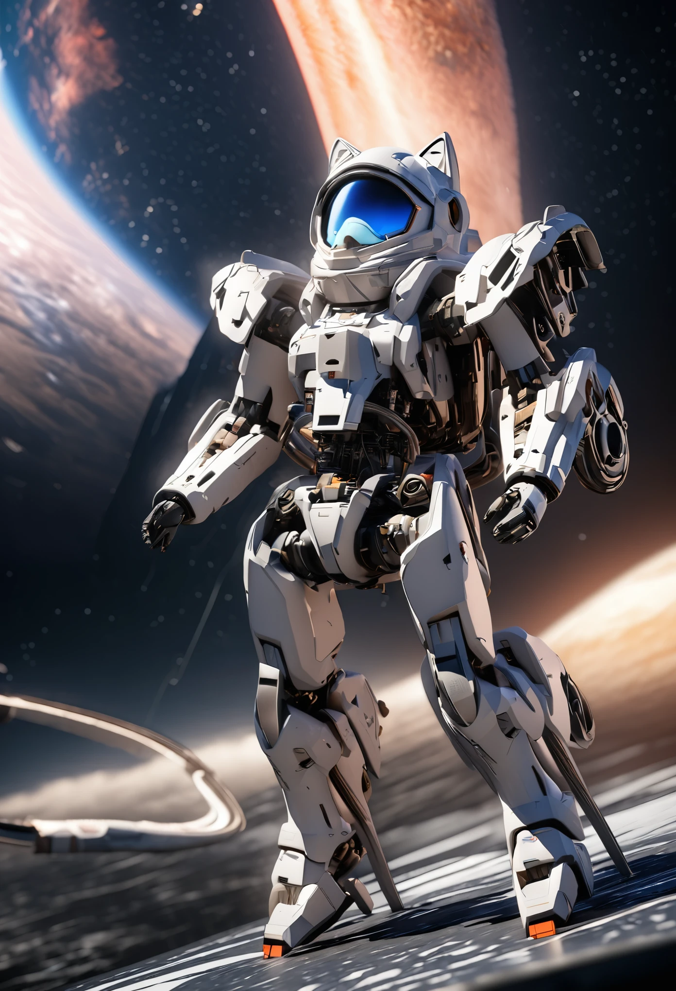 3D rendering,excellent image quality,masterpiece,a space cat,facing the audience,the cat is made up of mechanical parts on one side,the real cat on the other,and the background is in space,