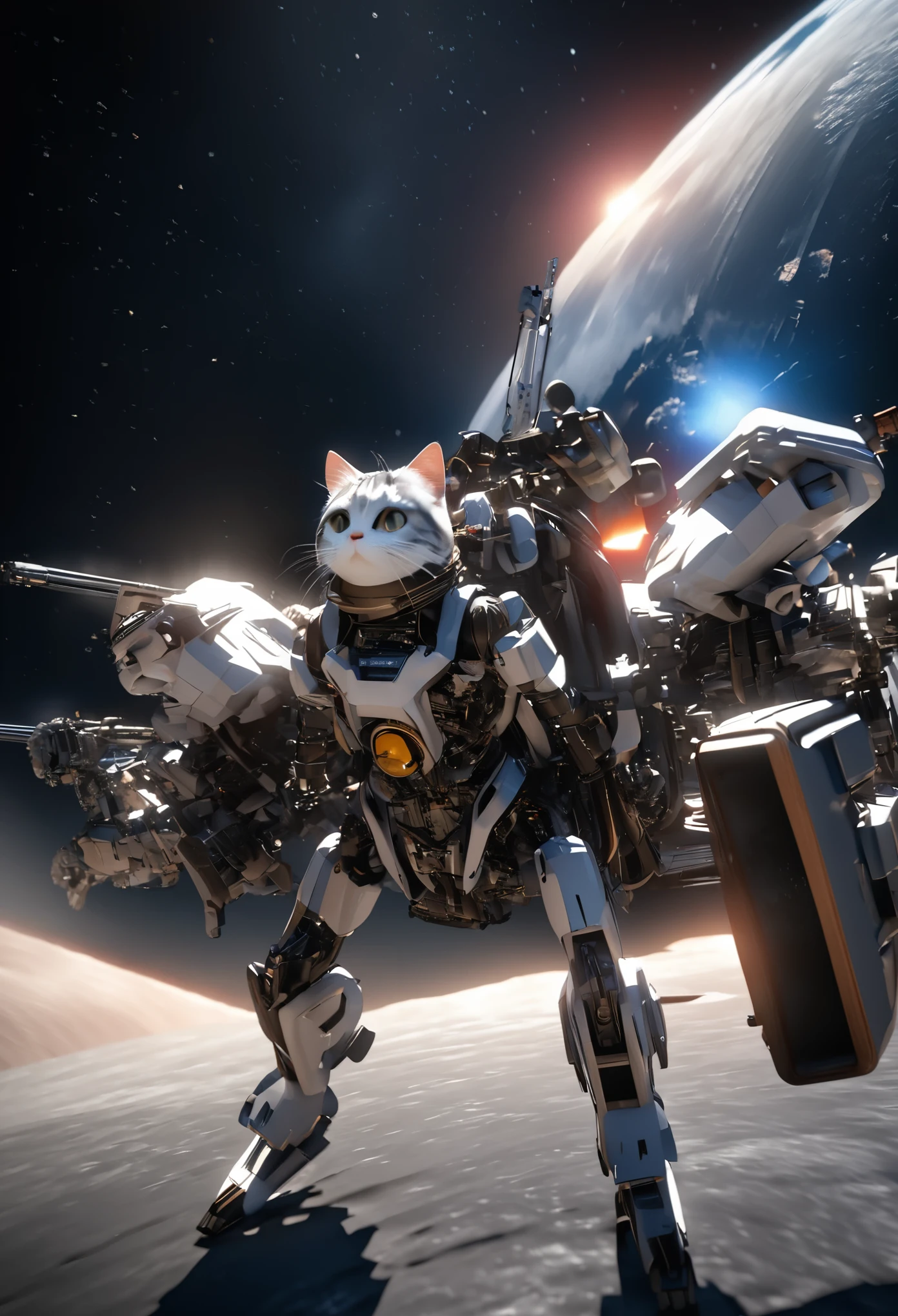 3D rendering,excellent image quality,masterpiece,a space cat,facing the audience,the cat is made up of mechanical parts on one side,the real cat on the other,and the background is in space,
