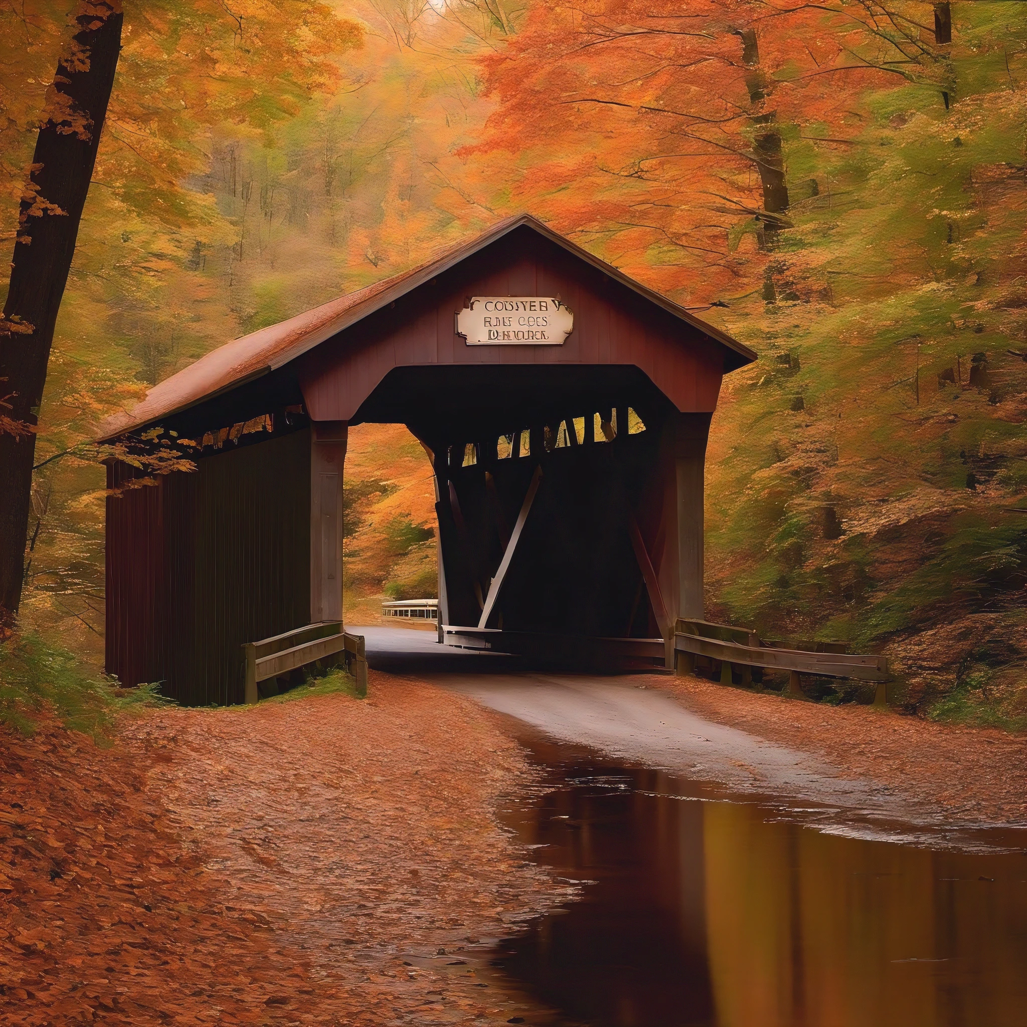 A covered bridge set deep in the woods showing its sign of age crossing over a medium sized stream and the dirt road leading up to it is covered with leaves