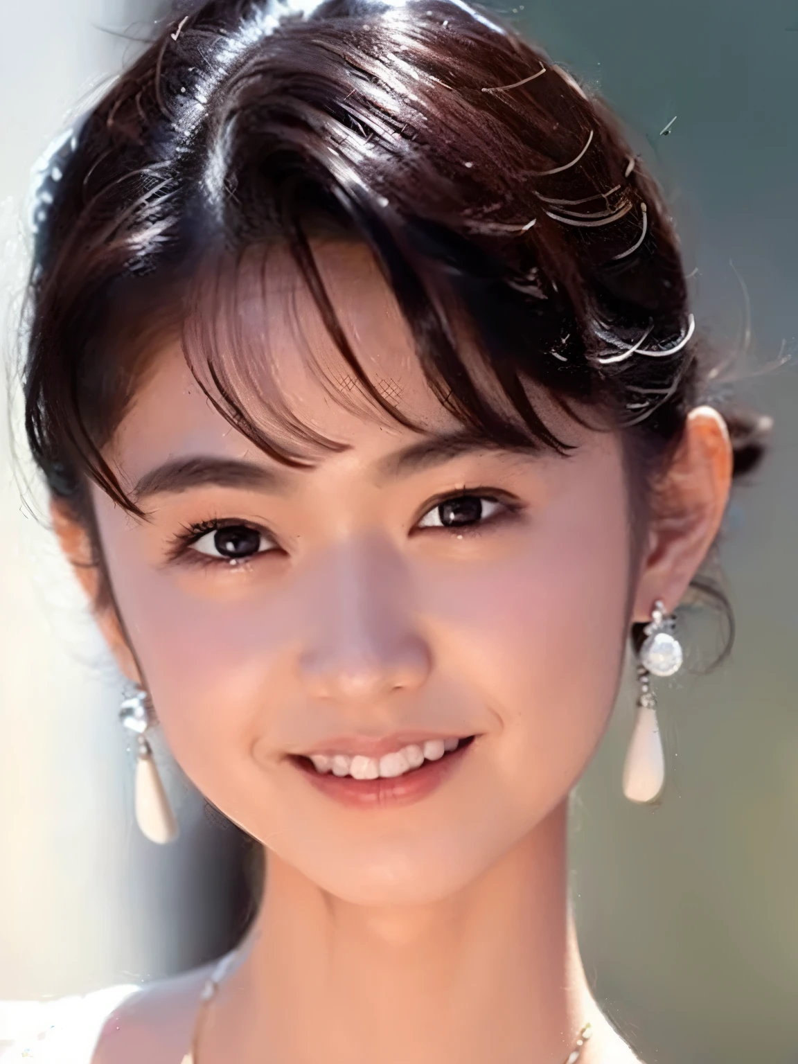 1girl, solo, looking at viewer, smile, short hair, black hair, brown eyes, jewelry, earrings, lips, realistic