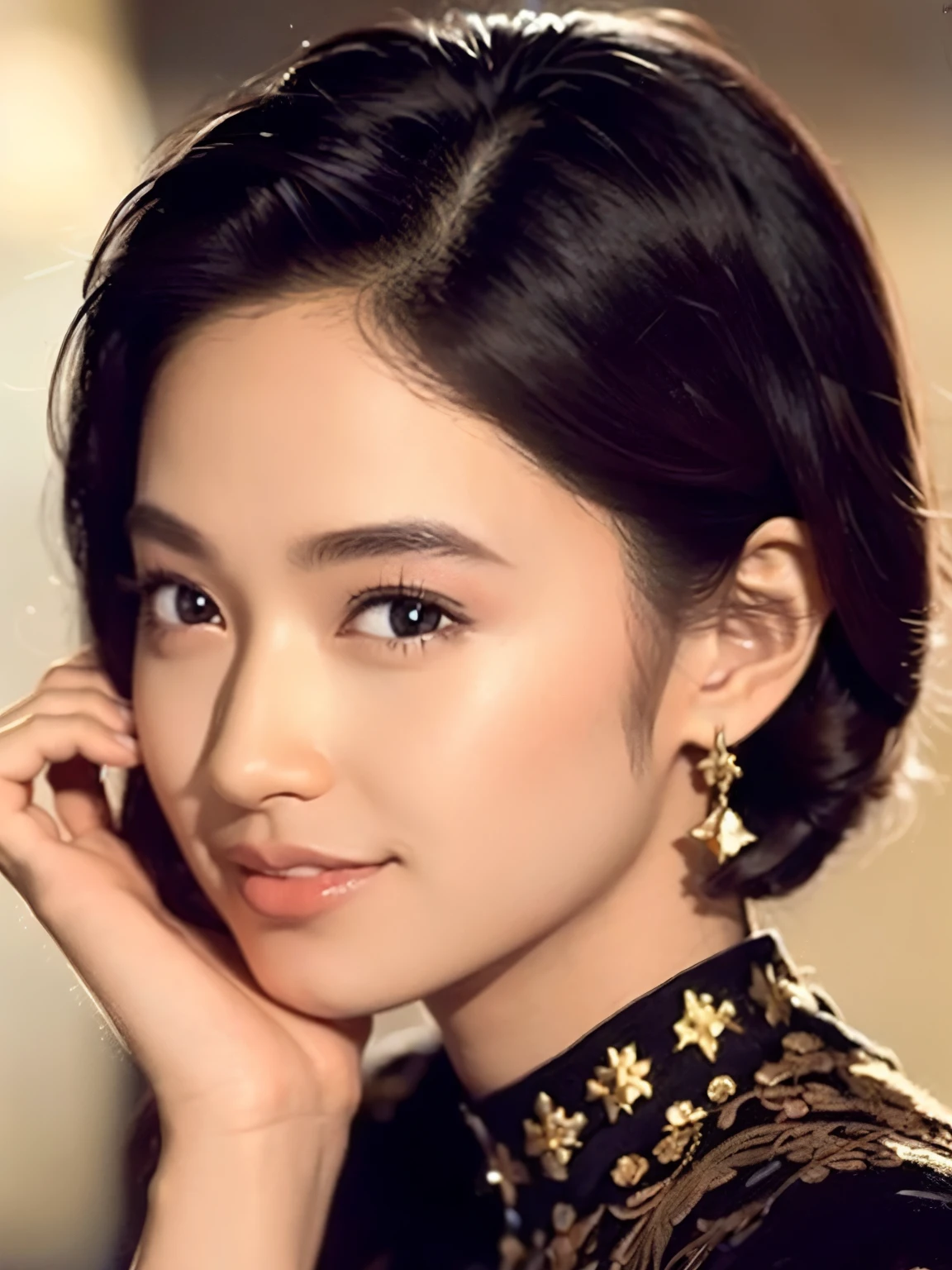 1girl, solo, looking at viewer, smile, short hair, black hair, brown eyes, jewelry, earrings, lips, realistic
