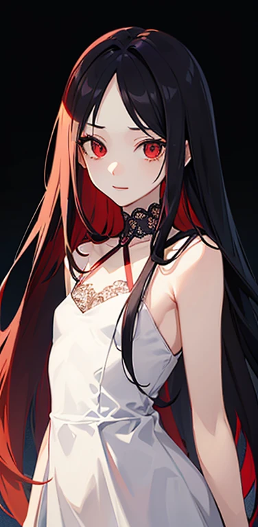 (8K、highest quality、masterpiece:1.2)、anime coloring、super resolution、Realistic、(1girl)  、(black hair to red hair gradient hair,long straight hair:1.5)、(contrapposto),(red eye,glowing eyes:1.3),(volumey,forehead:1.5),(portlate:1.3、face focus,upper body:1.5),(lace Dress with open chest: 1.3)
、(light smile:1.3),(cute face),(flat chest:1.2),gradient background、(slender:1.3)