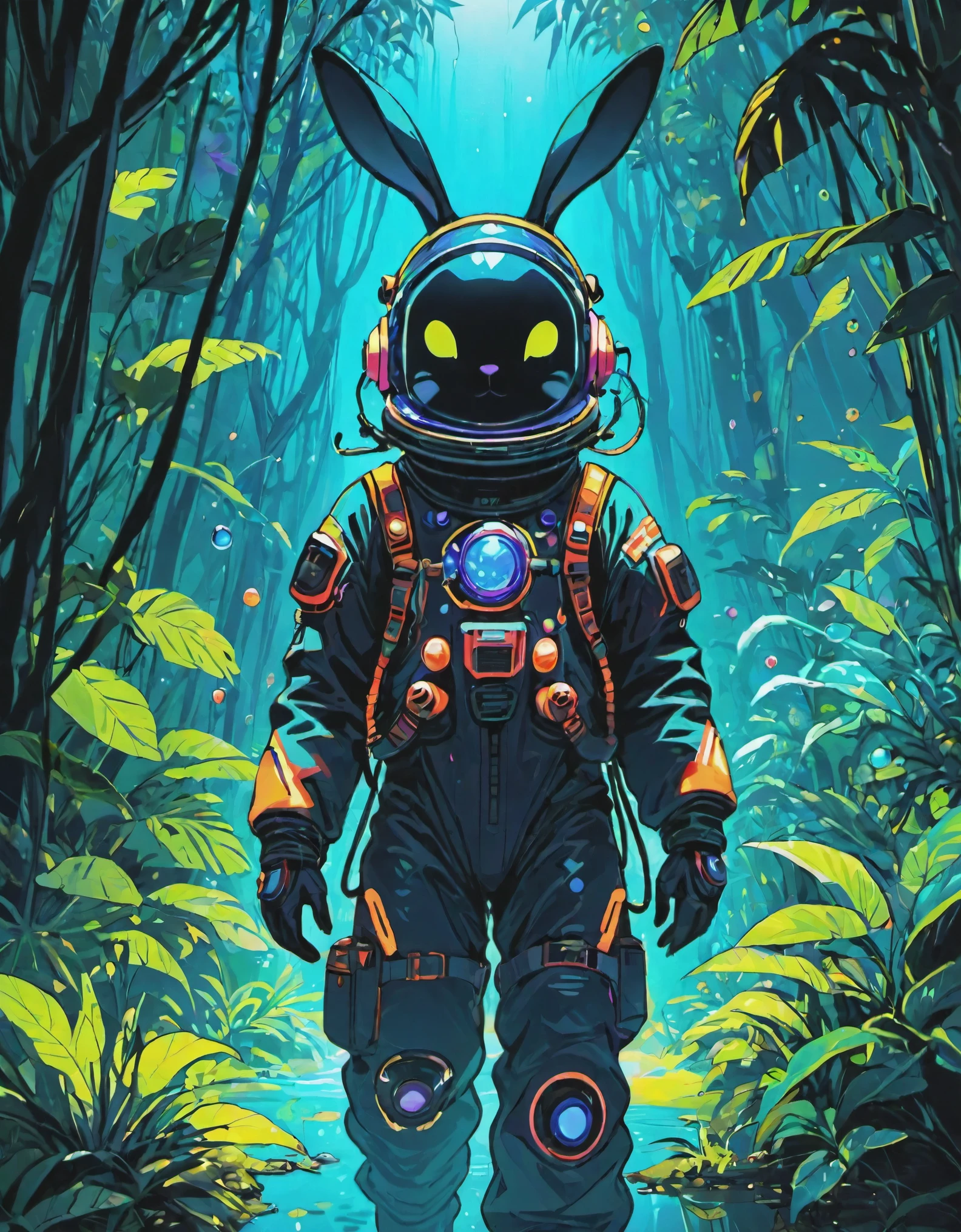 ((((black light poster art)))), Design a captivating piece of art featuring space ((rabbit adventurer)) wearing a space suit、When I woke up, I found myself in a lush alien jungle., Exploring a vibrant extraterrestrial environment, Surrounded by neon colored plants, surprise and curiosity, Floating bubbles,