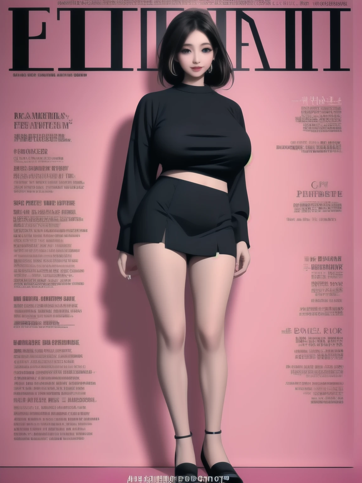magazine cover, Beauty: Stunning beauty graces the cover of this month's magazine, busty mature woman, short pants fashion, full body shot, huge breasts, giga_busty, black title text, magazine cover,