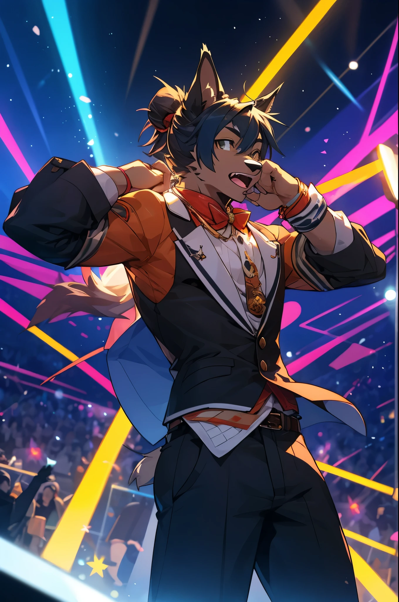 (Charismatic man with a top knot, On a lively stage, Captivate the crowds with an impressive light show)Vocalist Male Cartoon、Anthropomorphic Scottish Terrier Dog
