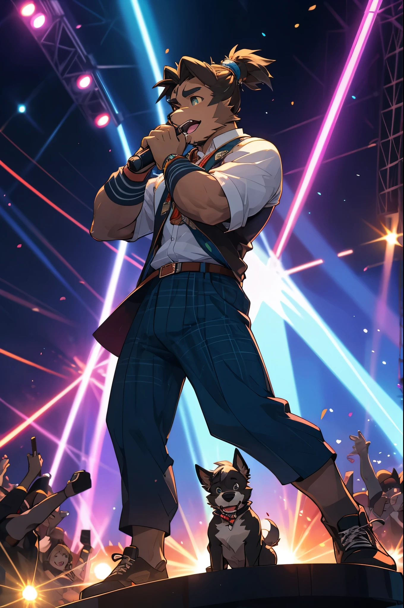 (Charismatic man with a top knot, On a lively stage, Captivate the crowds with an impressive light show)Vocalist Male Cartoon、Anthropomorphic Scottish Terrier Dog