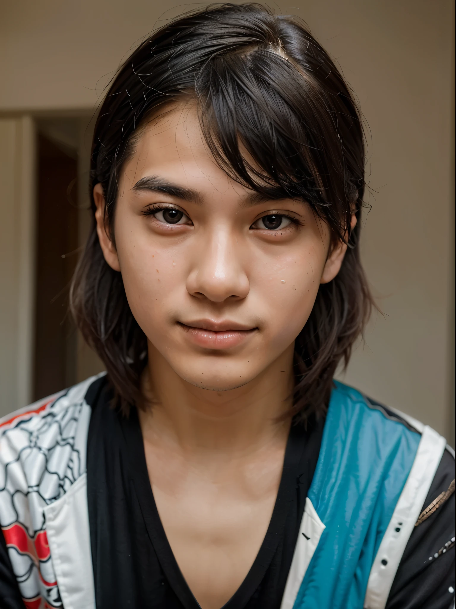 vibrant and distinctive individual in his late teens or early adulthood, exuding a blend of Thai and Japanese heritage with a quirky hairstyle and quirky fashion sense. His engaging expression and curious eyes hint at a life filled with adventure and a passion for the unusual. This persona radiates individuality and a zest for the unconventional, making him a captivating and memorable figure.