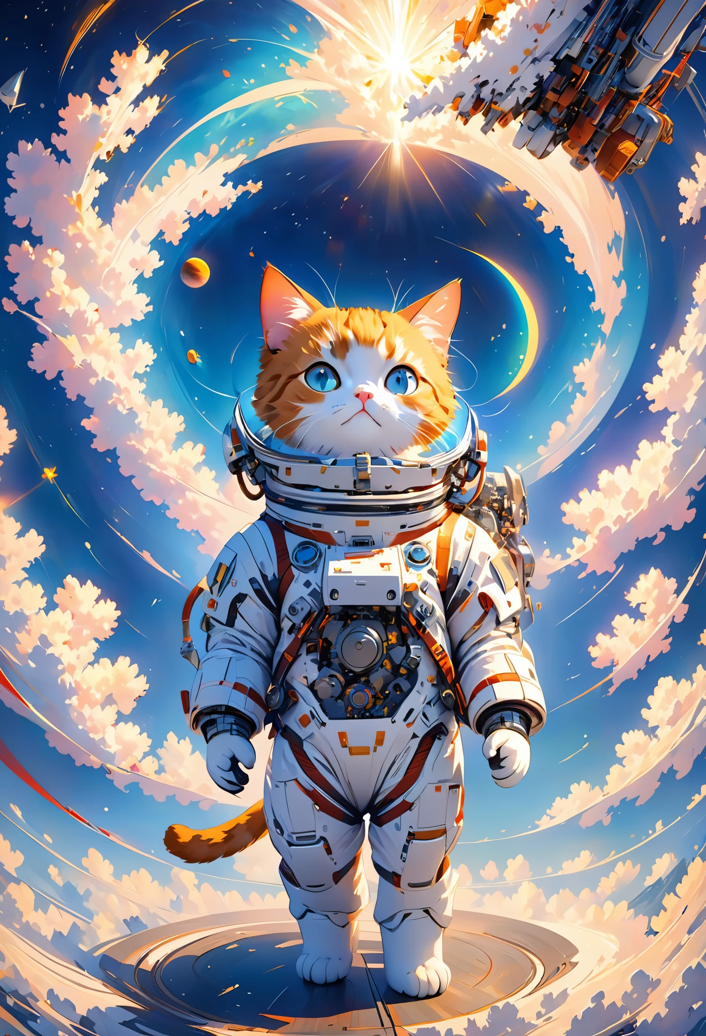 3D rendering,excellent image quality,masterpiece,a space cat,facing the audience,the cat is made up of mechanical parts on one side,the real cat on the other,and the background is in space,