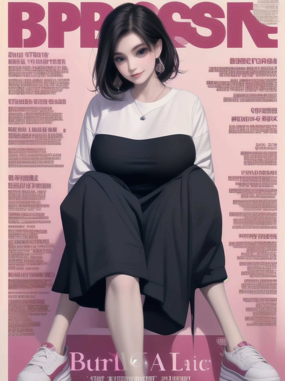 magazine cover, Beauty: Stunning beauty graces the cover of this month's magazine, busty mature woman, mini skirt fashion, upper body shot, huge breasts, giga_busty, black title text, magazine cover,