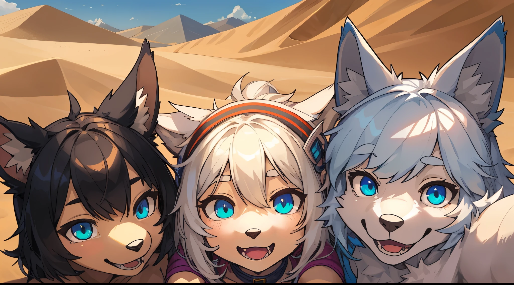 top quality, best quality, High-quality illustrations, masterpiece, super high resolution, detailed background, detailed background, desert, sand dunes, pyramid, group shot:0.2, 6+boys, 6+girls, Happy, joyful, absurdres(highly detailed beautiful face and eyes)perfect anatomy(kemono, furry anthro)selfie:0.1,