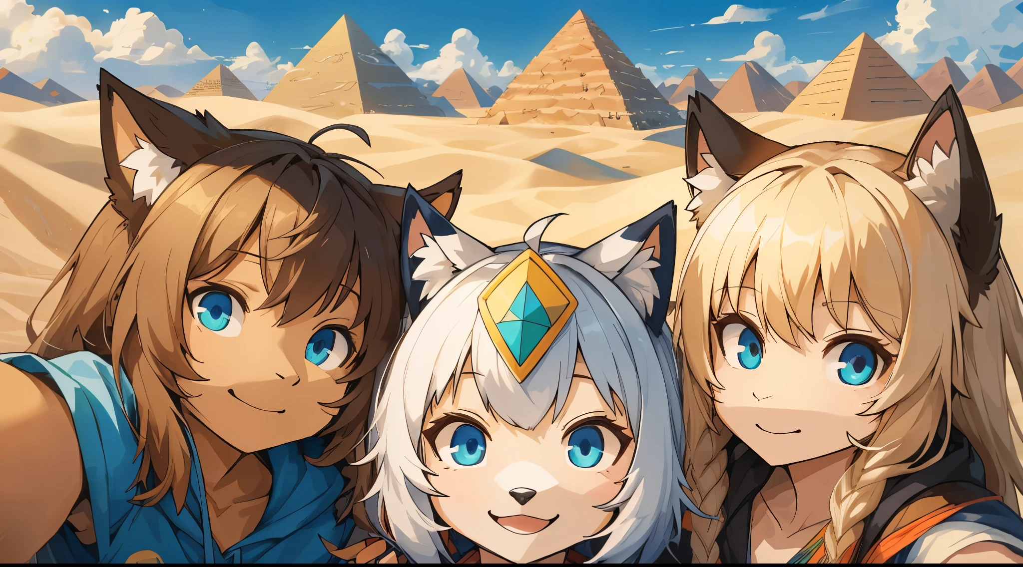 top quality, best quality, High-quality illustrations, masterpiece, super high resolution, detailed background, detailed background, desert, sand dunes, pyramid, group shot:0.2, 6+boys, 6+girls, Happy, joyful, absurdres(highly detailed beautiful face and eyes)perfect anatomy(kemono, furry anthro)selfie:0.1,
