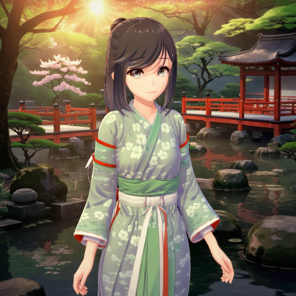 (best quality, 4k, 8k, high resolution, masterpiece: 1.2), ultra-detailed, (realistic, photorealistic, photorealistic: 1.37), A girl standing in the peaceful garden of a Japanese temple, dressed in an outfit traditional Japanese temple. She has beautiful almond-shaped eyes that are closed, portraying a serene and emotionless expression. The girl's costume is made of flowing silk fabric, with delicate cherry blossom patterns and golden details. The temple garden is filled with vibrant greenery, consisting of meticulously trimmed bonsai trees, moss-covered stone lanterns, and a tranquil koi pond. Sunlight gently filters through the leaves, creating a soft, serene atmosphere. The girl stands gracefully, with her hands folded in front of her, radiating a sense of calm and inner peace. The color palette is dominated by subtle pastel tones, giving the scene a dreamy, ethereal feel. The lighting is soft and diffuse, casting soft shadows on the ground, further enhancing the tranquil ambiance of the garden.