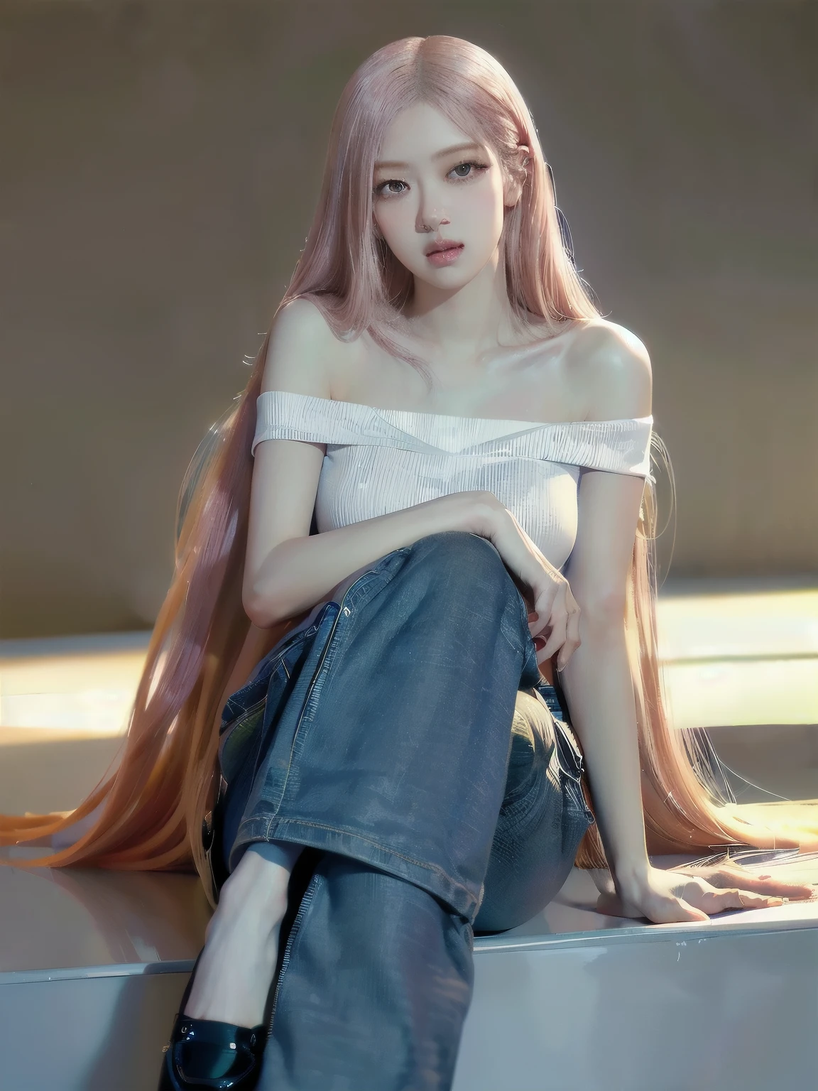 1 woman,alone,pink hair,forehead,two tone hair,long hair, Spread your legs in a latex miniskirt, skirt showing pussy,