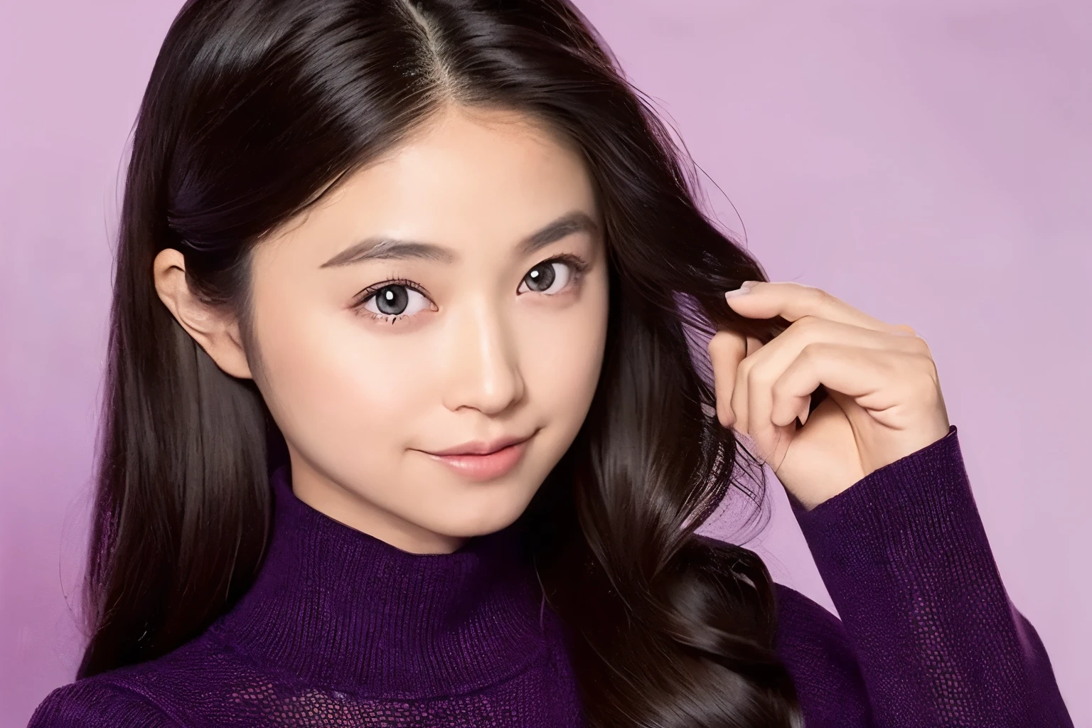 1girl, solo, long hair, looking at viewer, smile, black hair, long sleeves, holding, upper body, parted lips, sweater, lips, turtleneck, purple background, realistic, camera, white sweater, holding camera