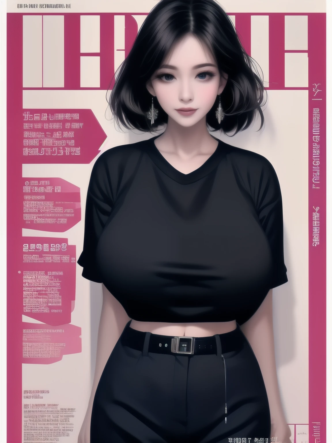 magazine cover, Beauty: Stunning beauty graces the cover of this month's magazine, busty mature woman, short pants fashion, upper body shot, huge breasts, giga_busty, black title text, magazine cover,