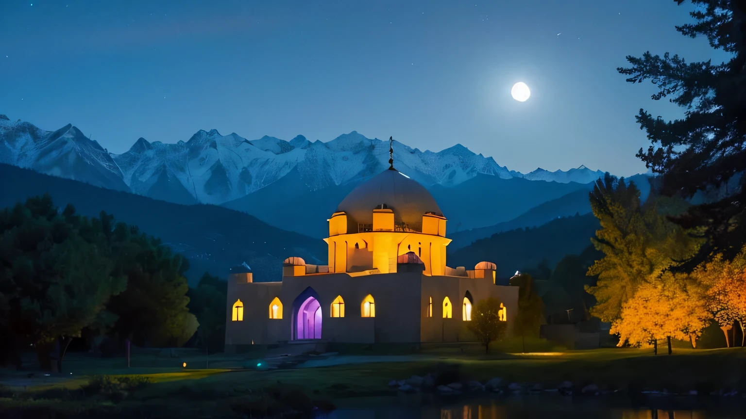 imaginary mosque in the middle of the mountains at night, perfect moon, moon reflection, sky full of stars, shady trees around the mosque, uhd, 4k resolution, super detail pixel, firework on top of mosque