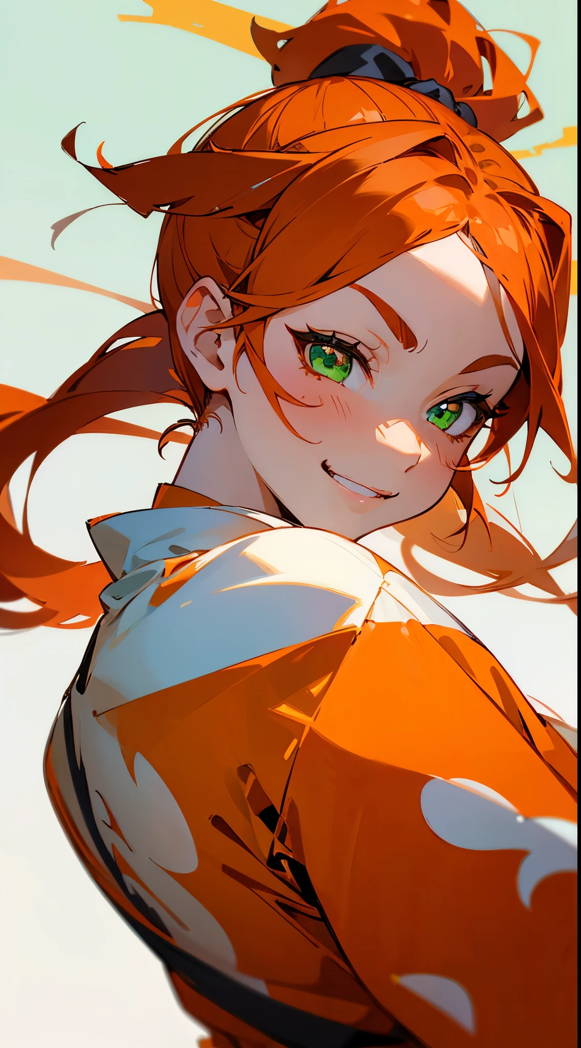 1 girl、anime painting、orange clothes、orange hair、ponytail、beautiful green eyes、evil smile、strong pleasure on the face、From the side、upper body close-up