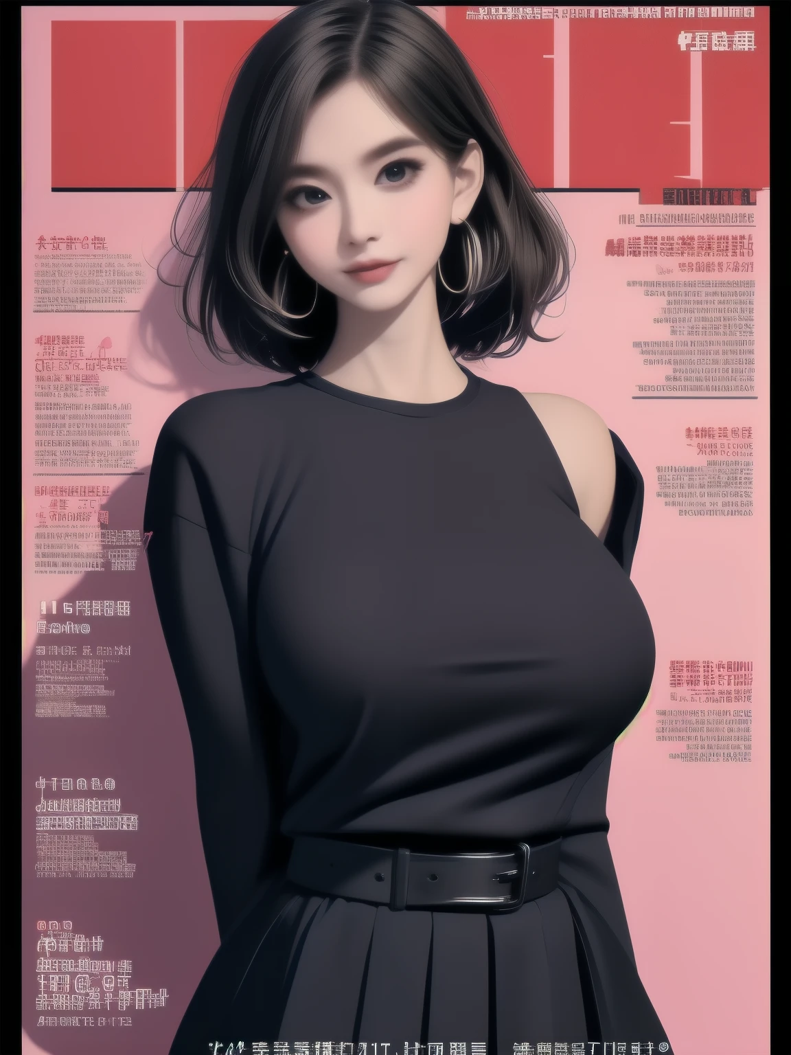 magazine cover, Beauty: Stunning beauty graces the cover of this month's magazine, busty mature woman, mini skirt fashion, upper body shot, huge breasts, giga_busty, black title text, magazine cover,